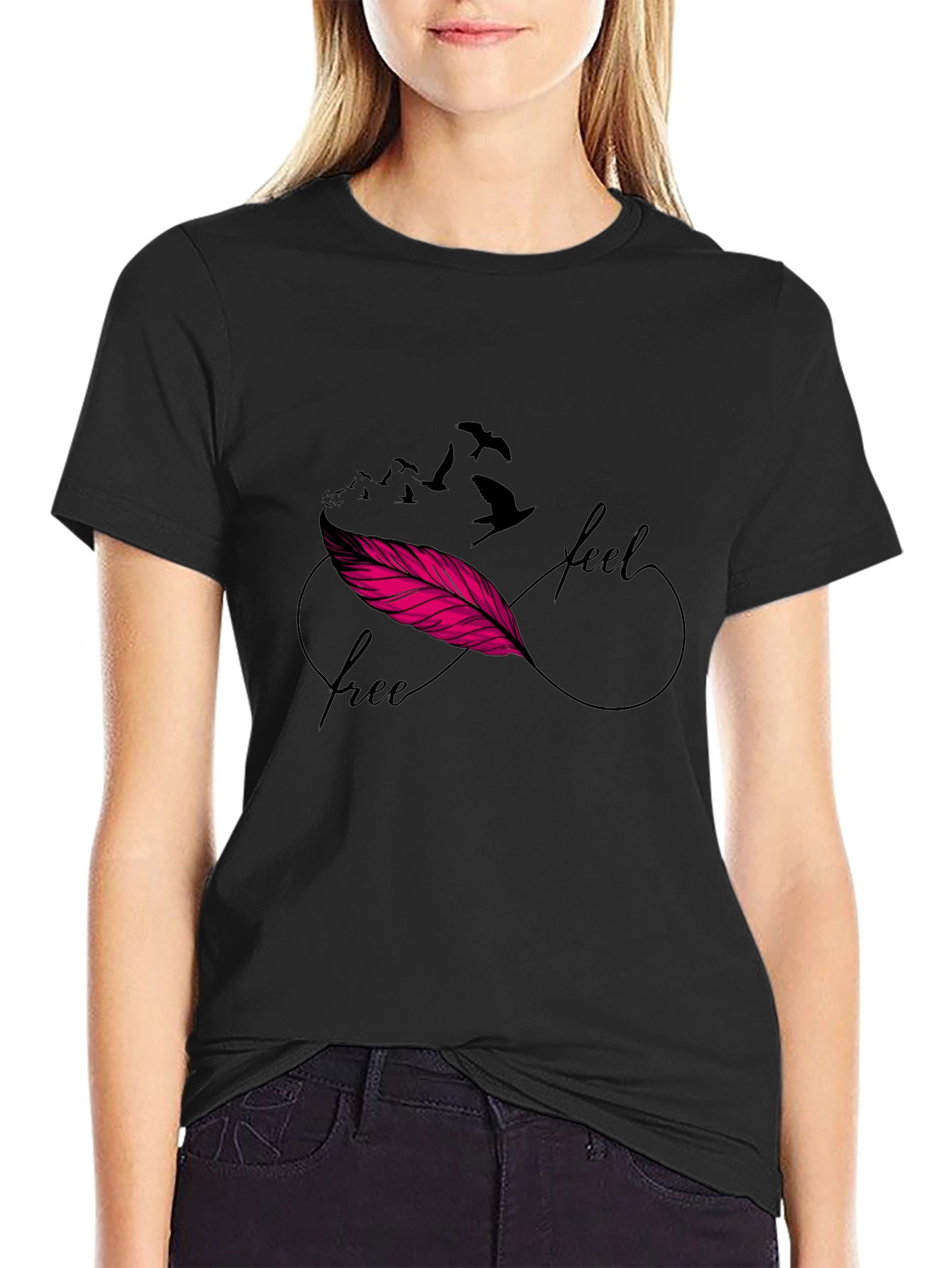 Feel Free Feather Infinity Symbol Black T-Shirt