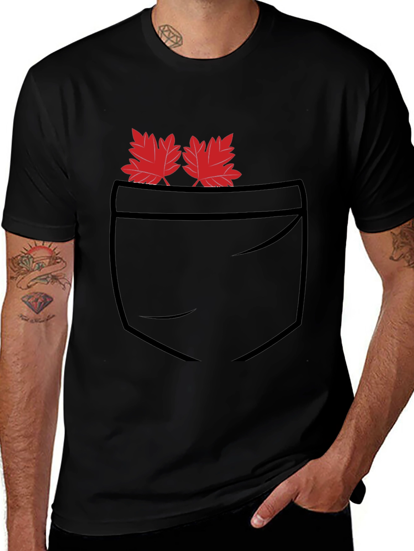 Maple Leaf Pocket Print Black T-Shirt