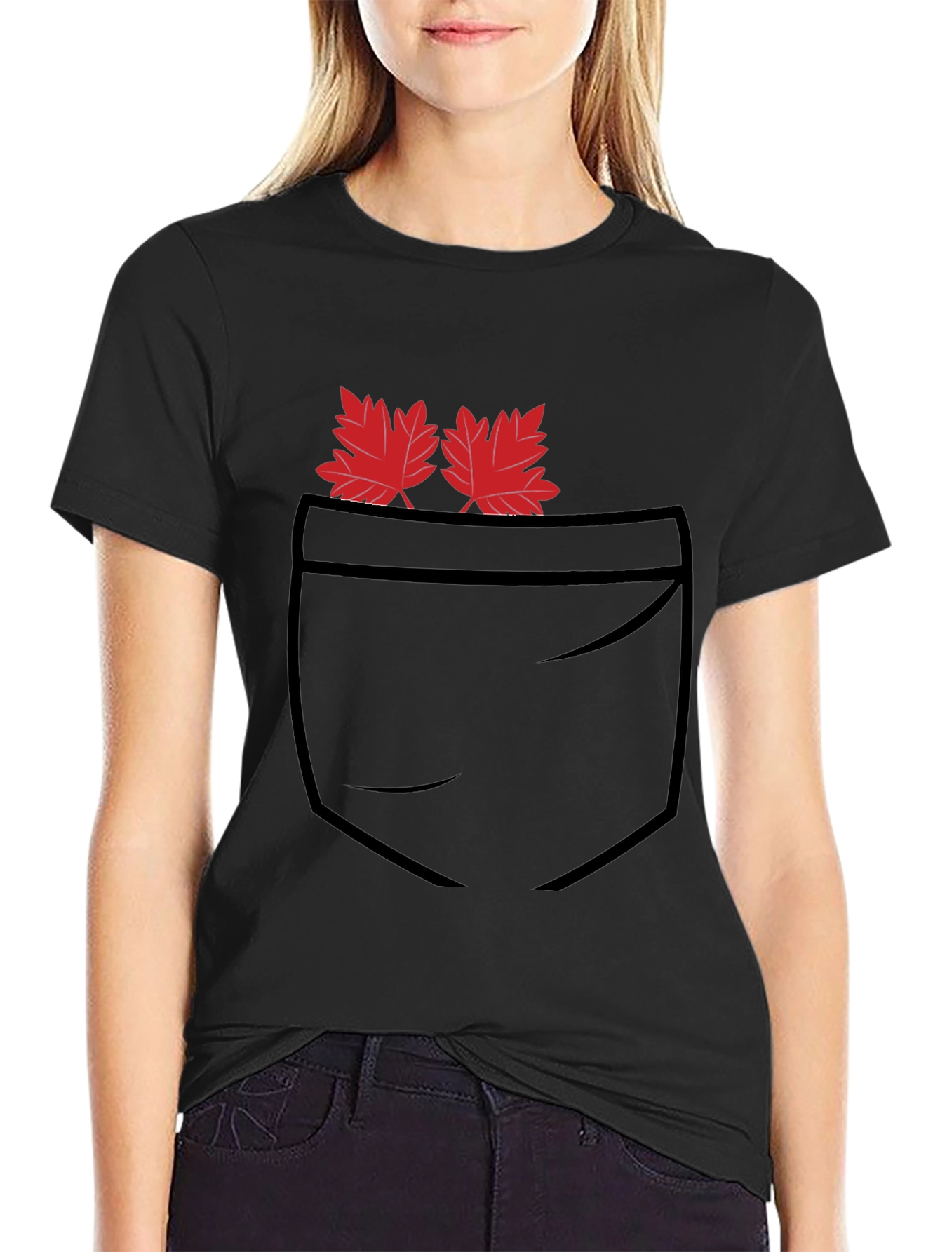 Maple Leaf Pocket Print Black T-Shirt
