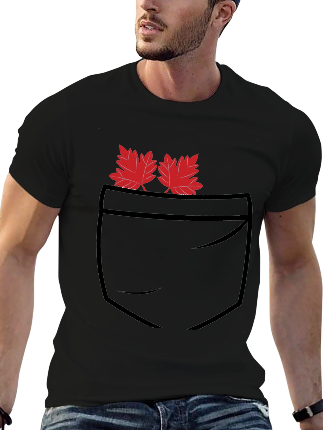Maple Leaf Pocket Print Black T-Shirt