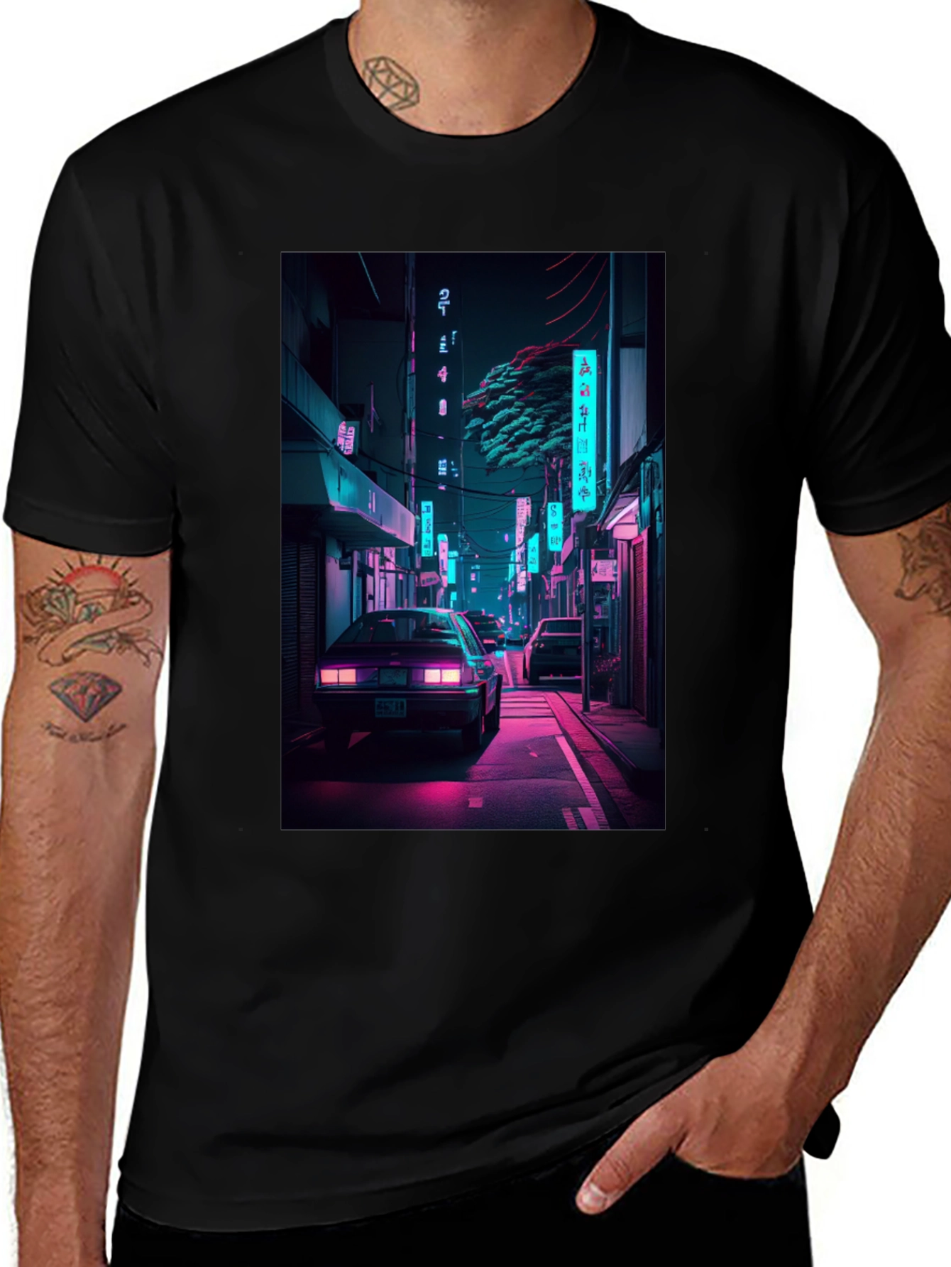 Retro Neon City Car Graphic T-Shirt
