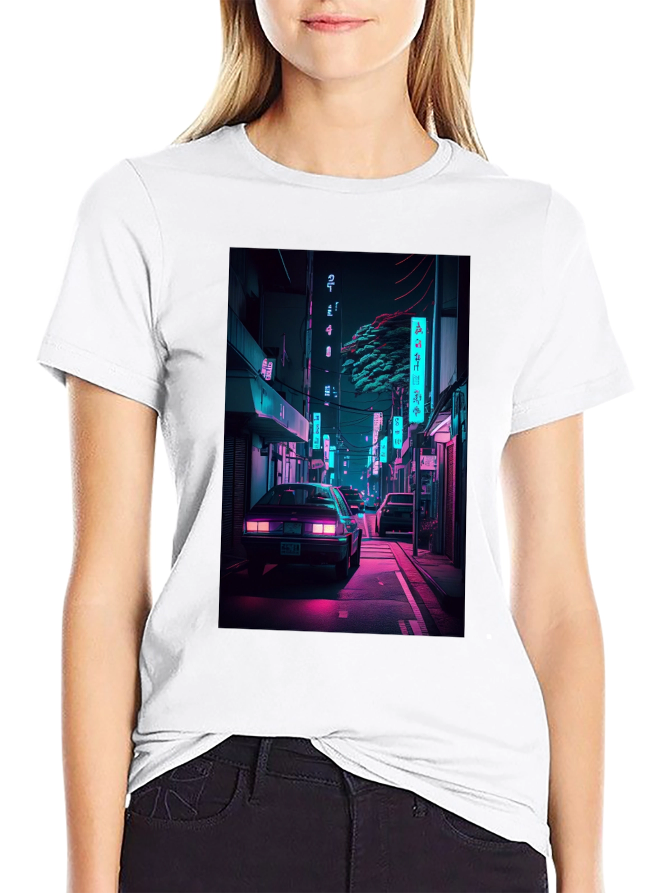 Retro Neon City Car Graphic T-Shirt