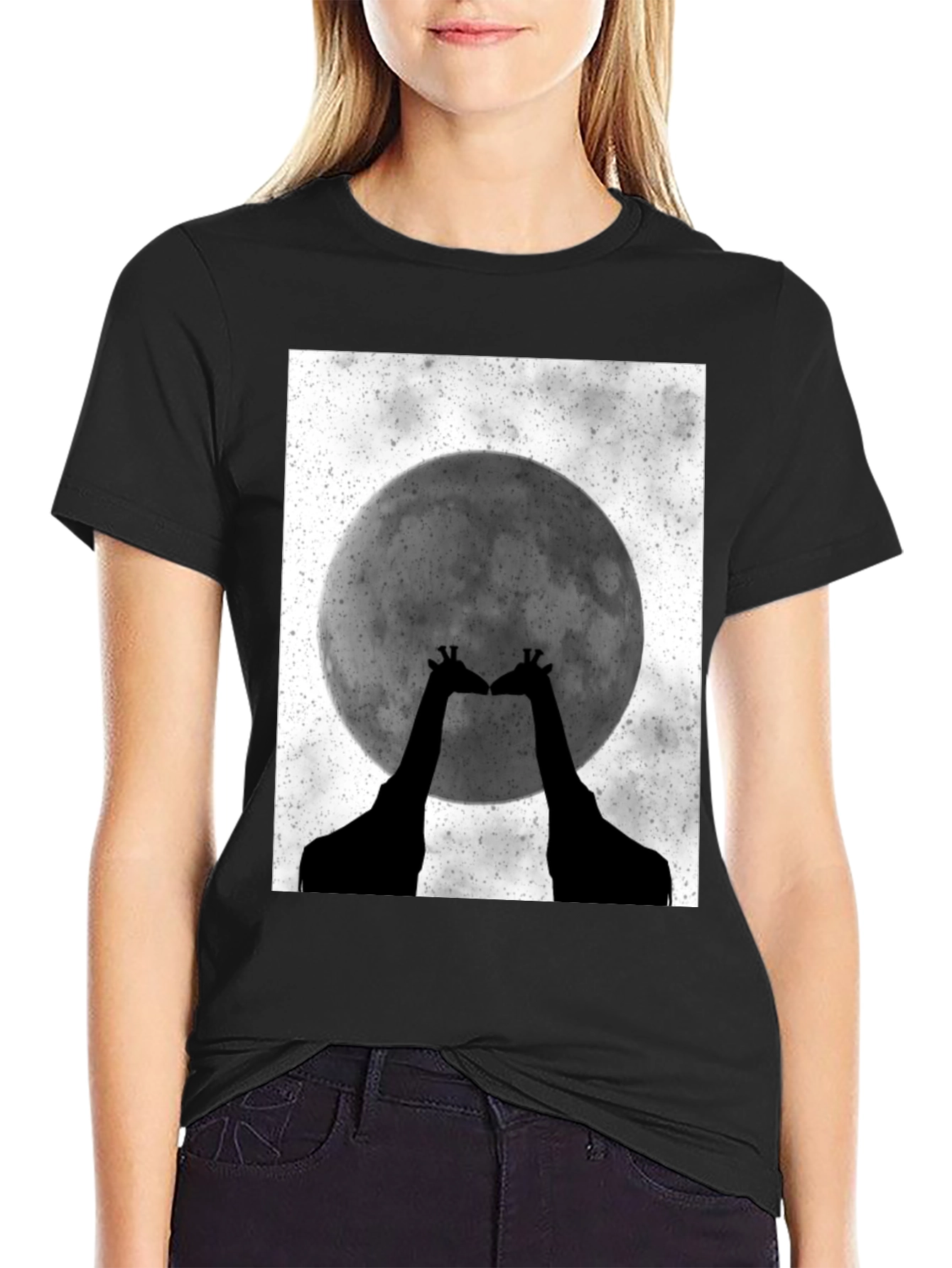 Giraffe Moon Graphic Tee - Black Cotton T-Shirt