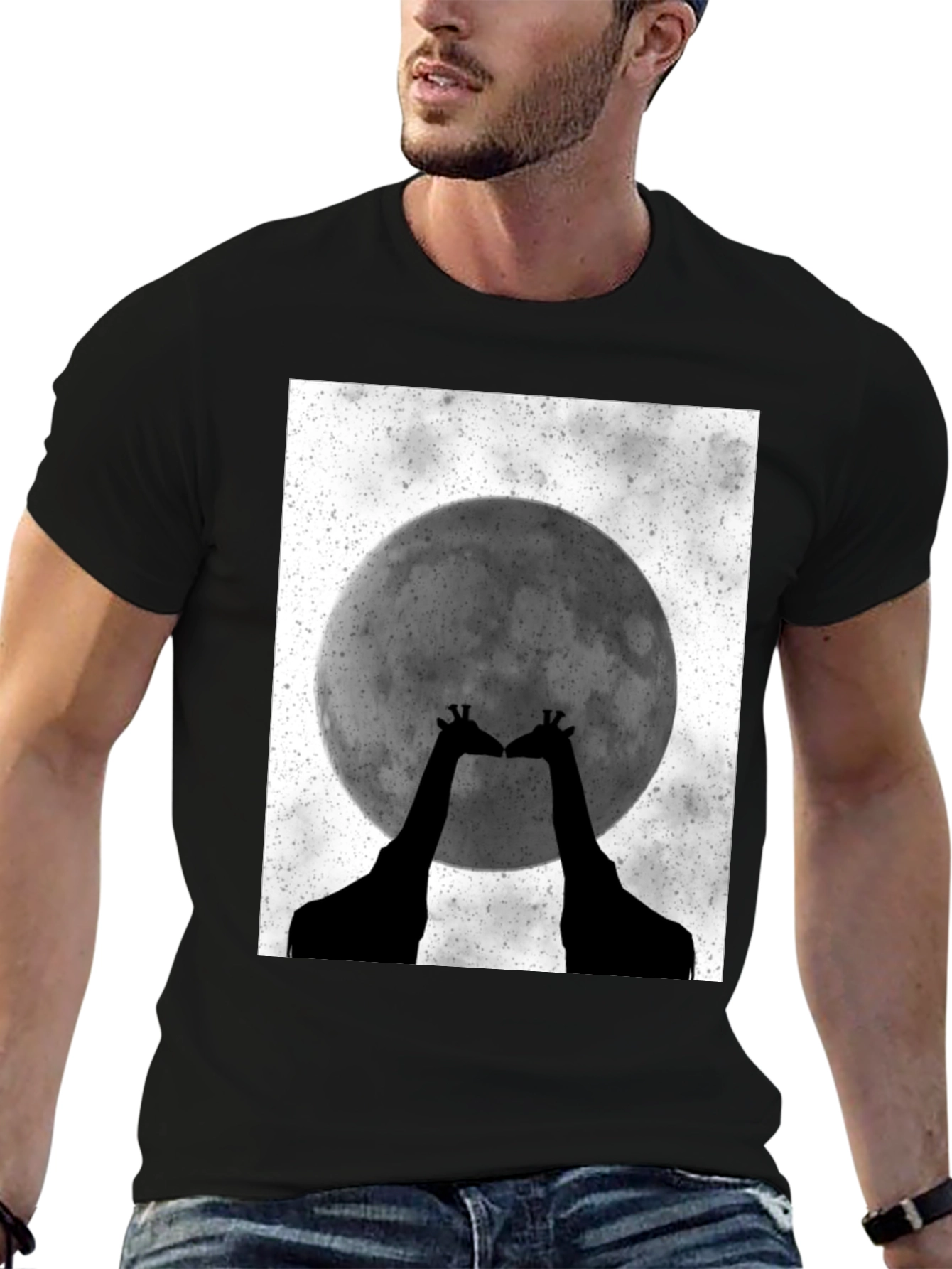 Giraffe Moon Graphic Tee - Black Cotton T-Shirt