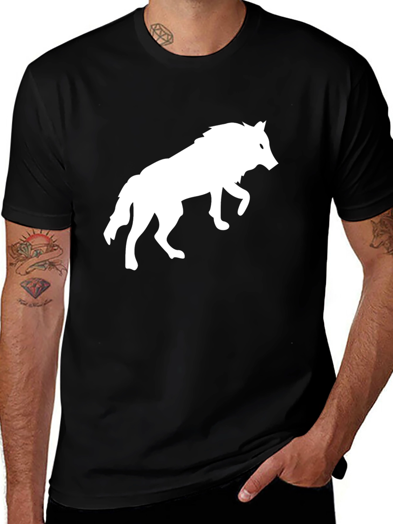 Black T-Shirt with White Wolf Graphic