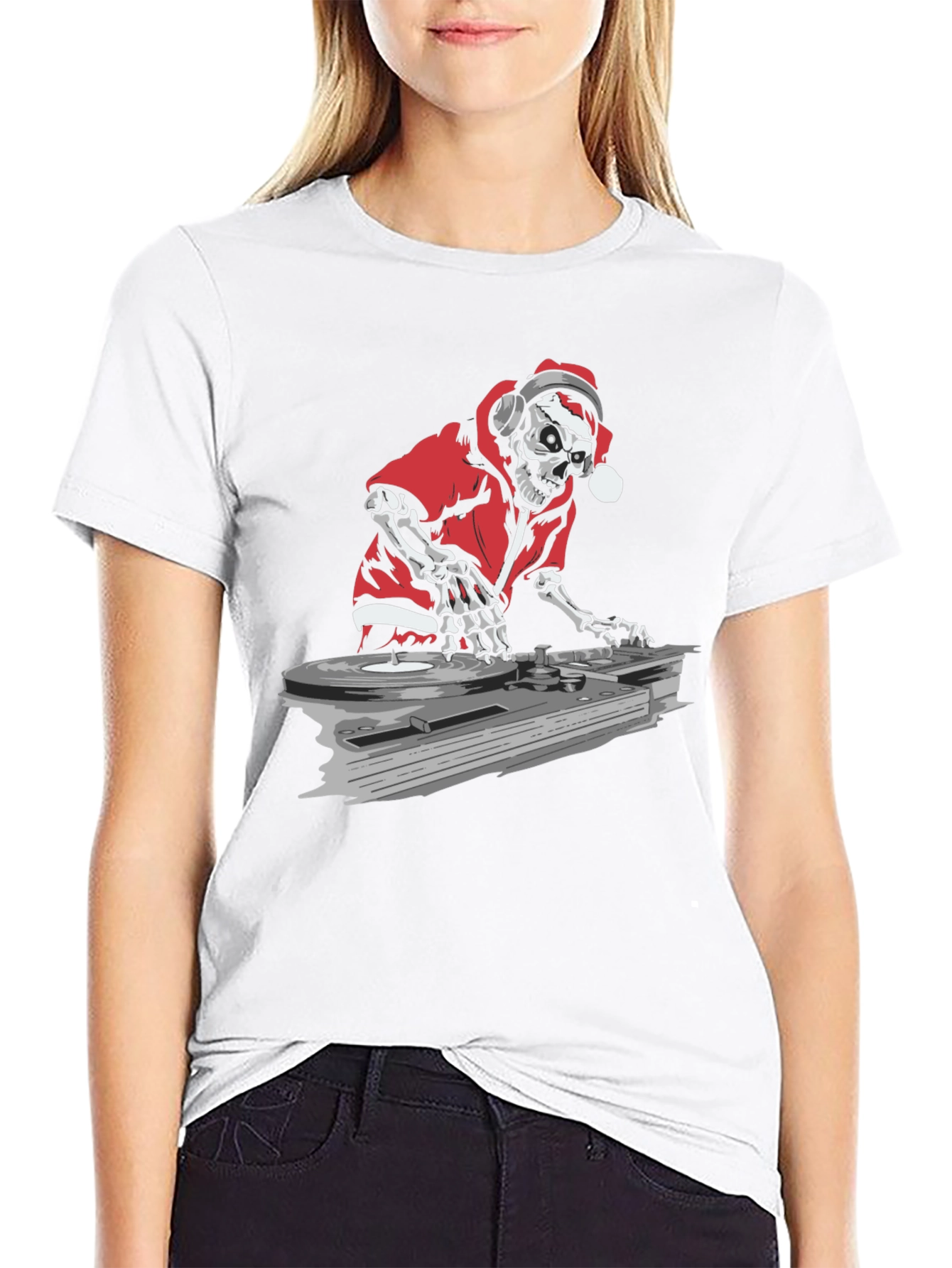 DJ Skeleton Santa Black Graphic T-Shirt