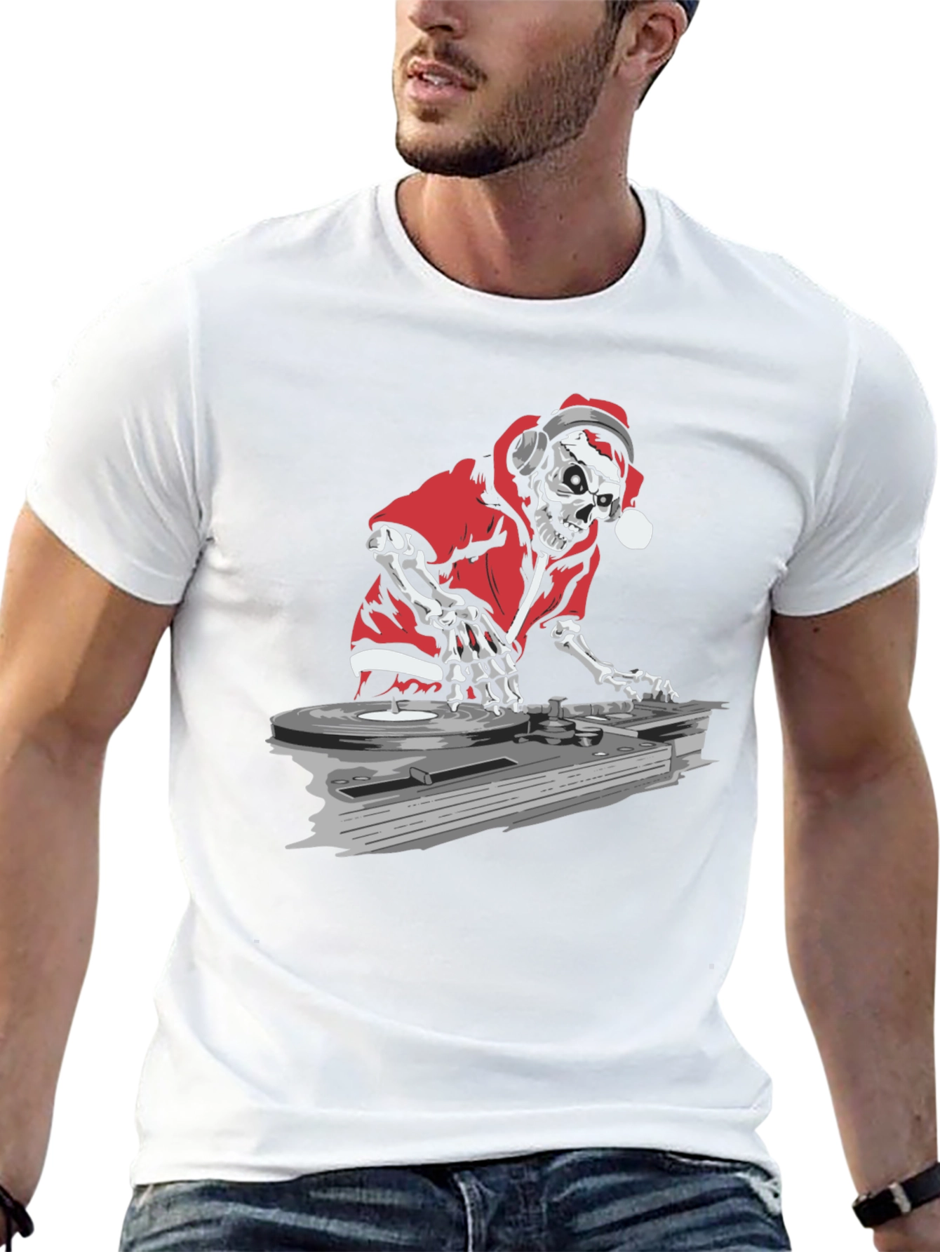 DJ Skeleton Santa Black Graphic T-Shirt