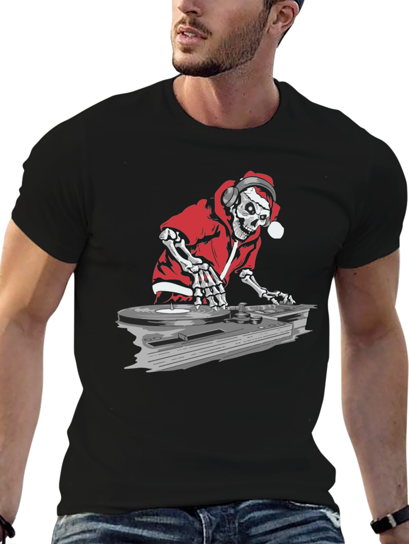 DJ Skeleton Santa Black Graphic T-Shirt