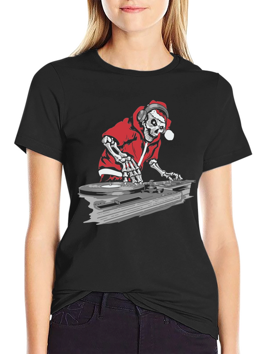 DJ Skeleton Santa Black Graphic T-Shirt