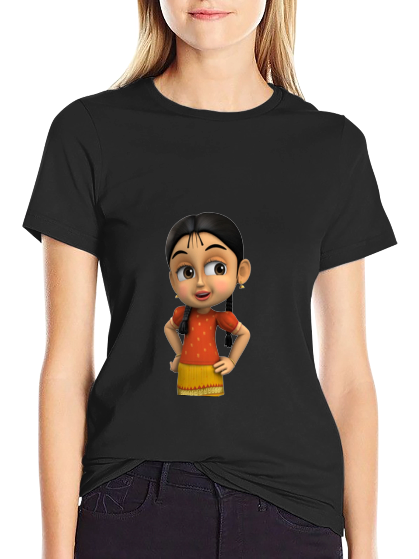 Cartoon Girl Graphic Black T-Shirt