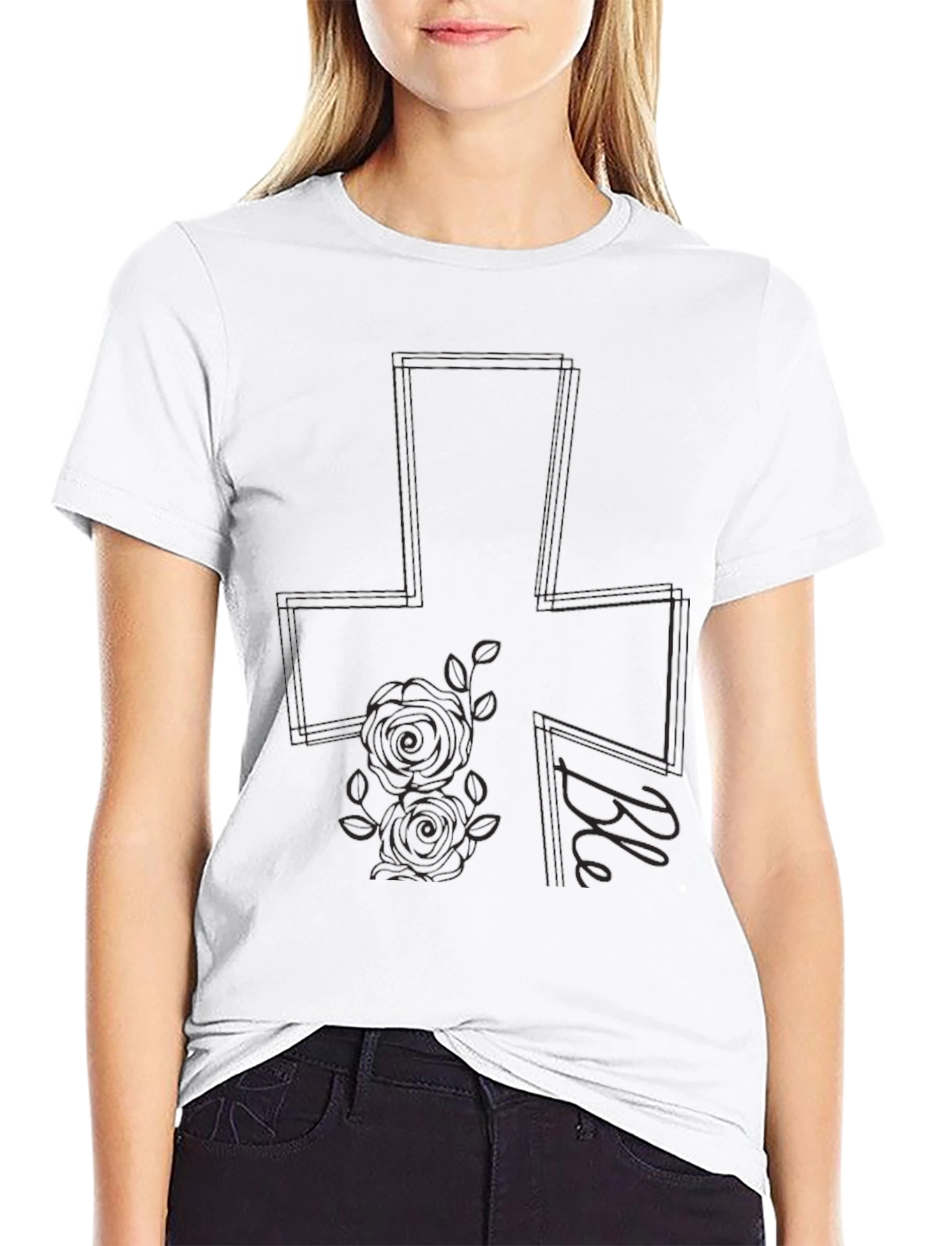 Black Graphic Tee with Cross and Roses