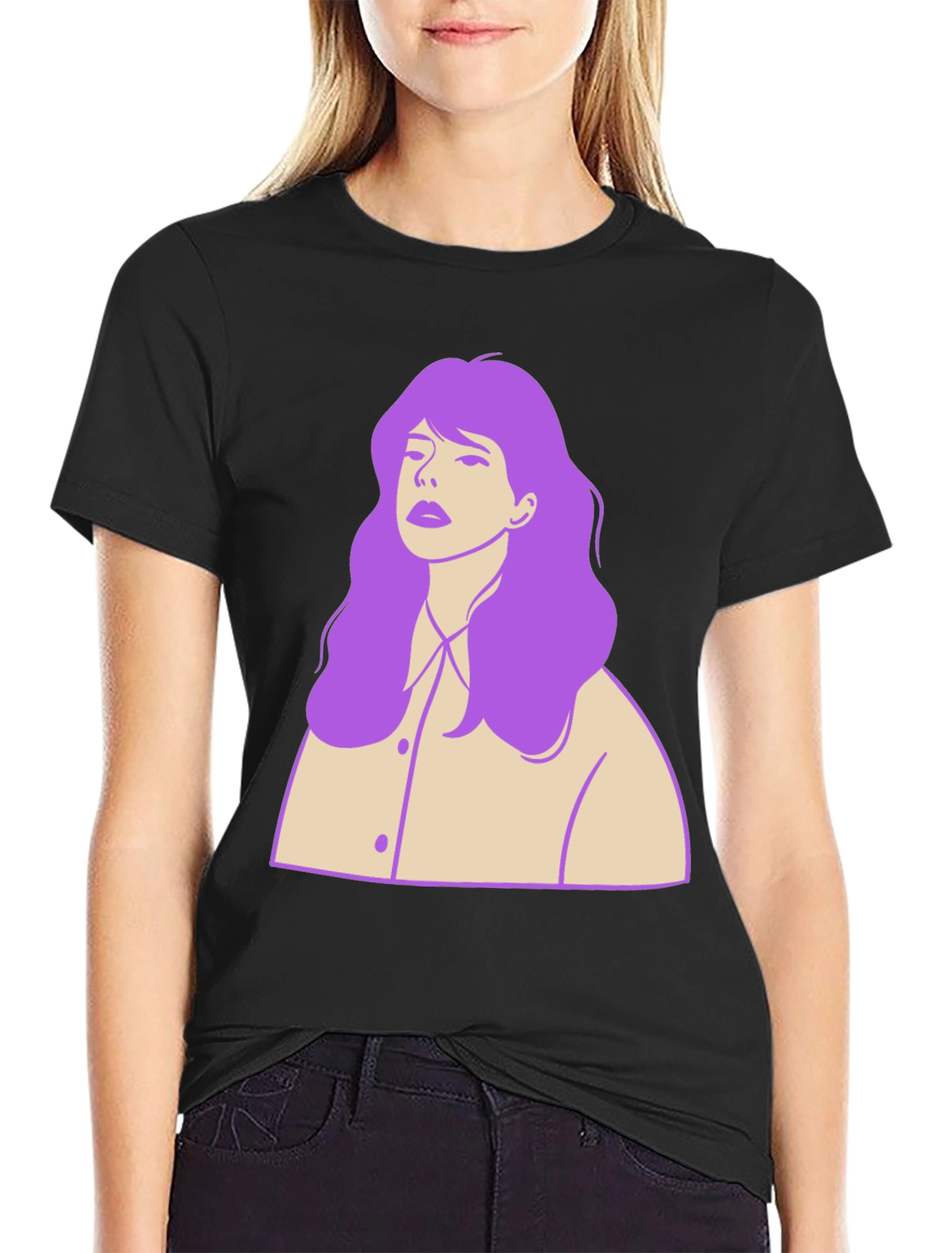 Stylish Black T-Shirt with Purple Hair Graphic