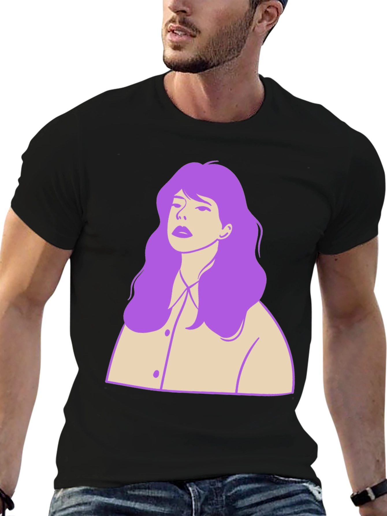 Stylish Black T-Shirt with Purple Hair Graphic