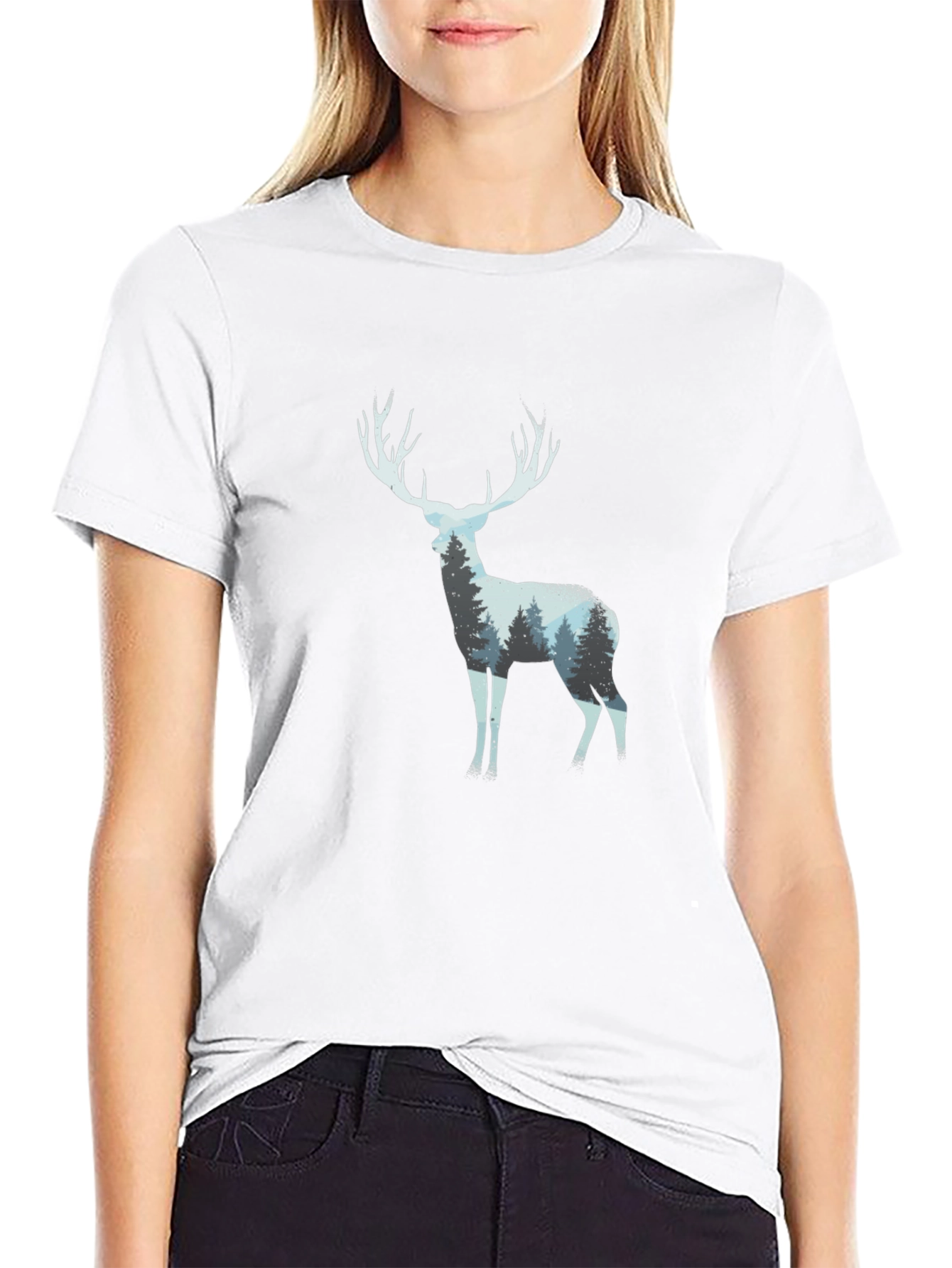 Deer Forest Print Black T-Shirt