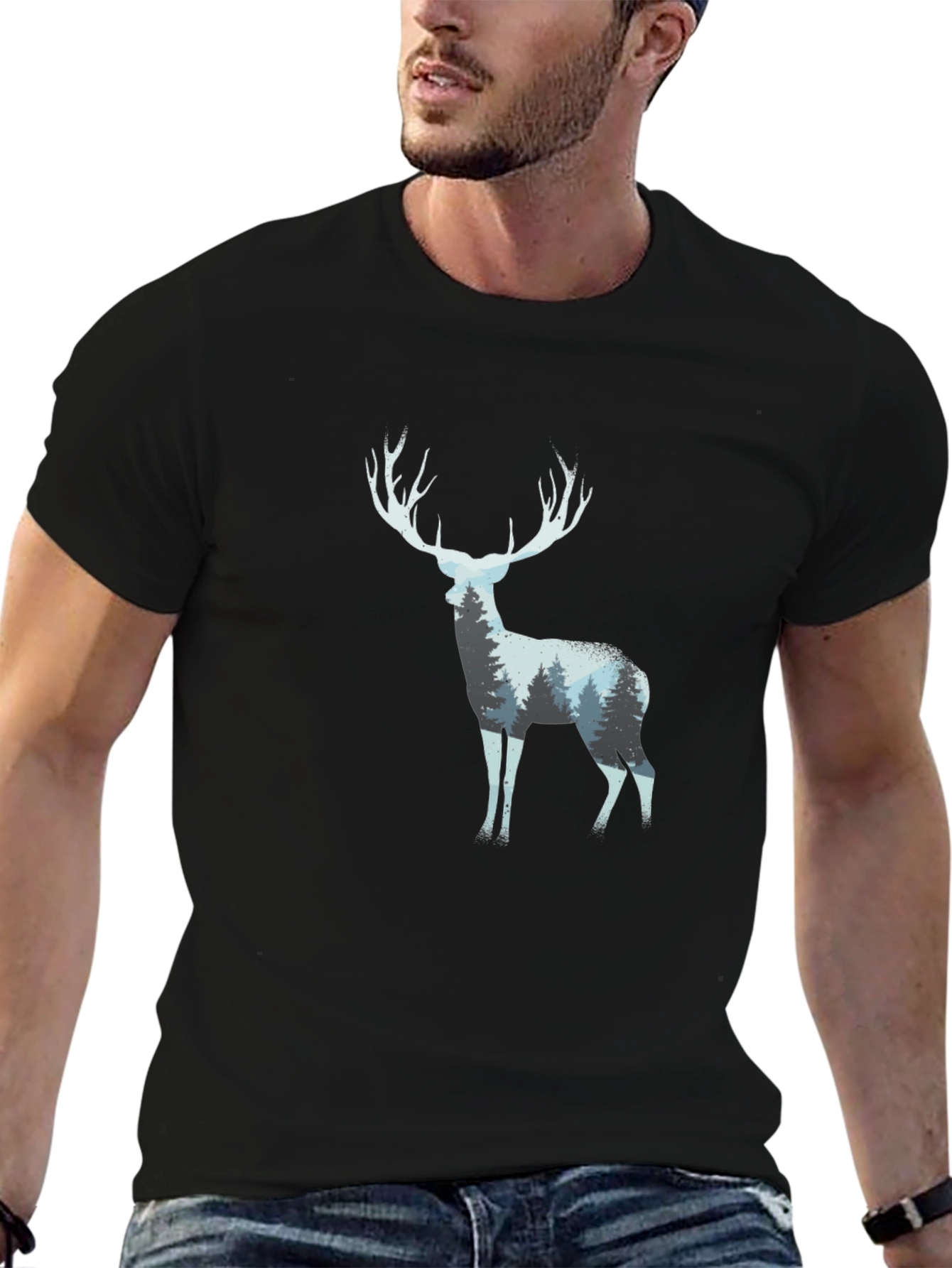 Deer Forest Print Black T-Shirt
