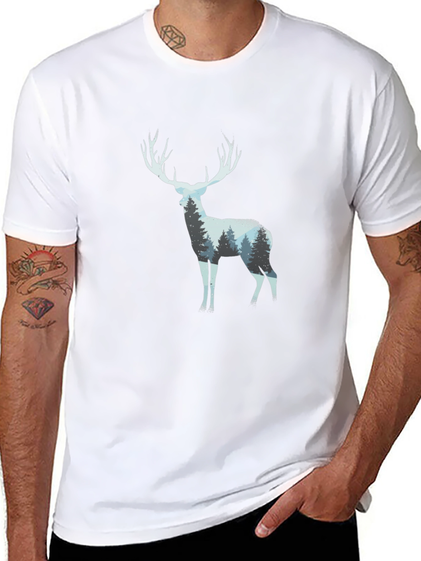 Deer Forest Print Black T-Shirt