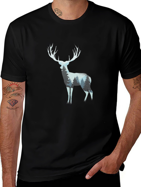 Deer Forest Print Black T-Shirt