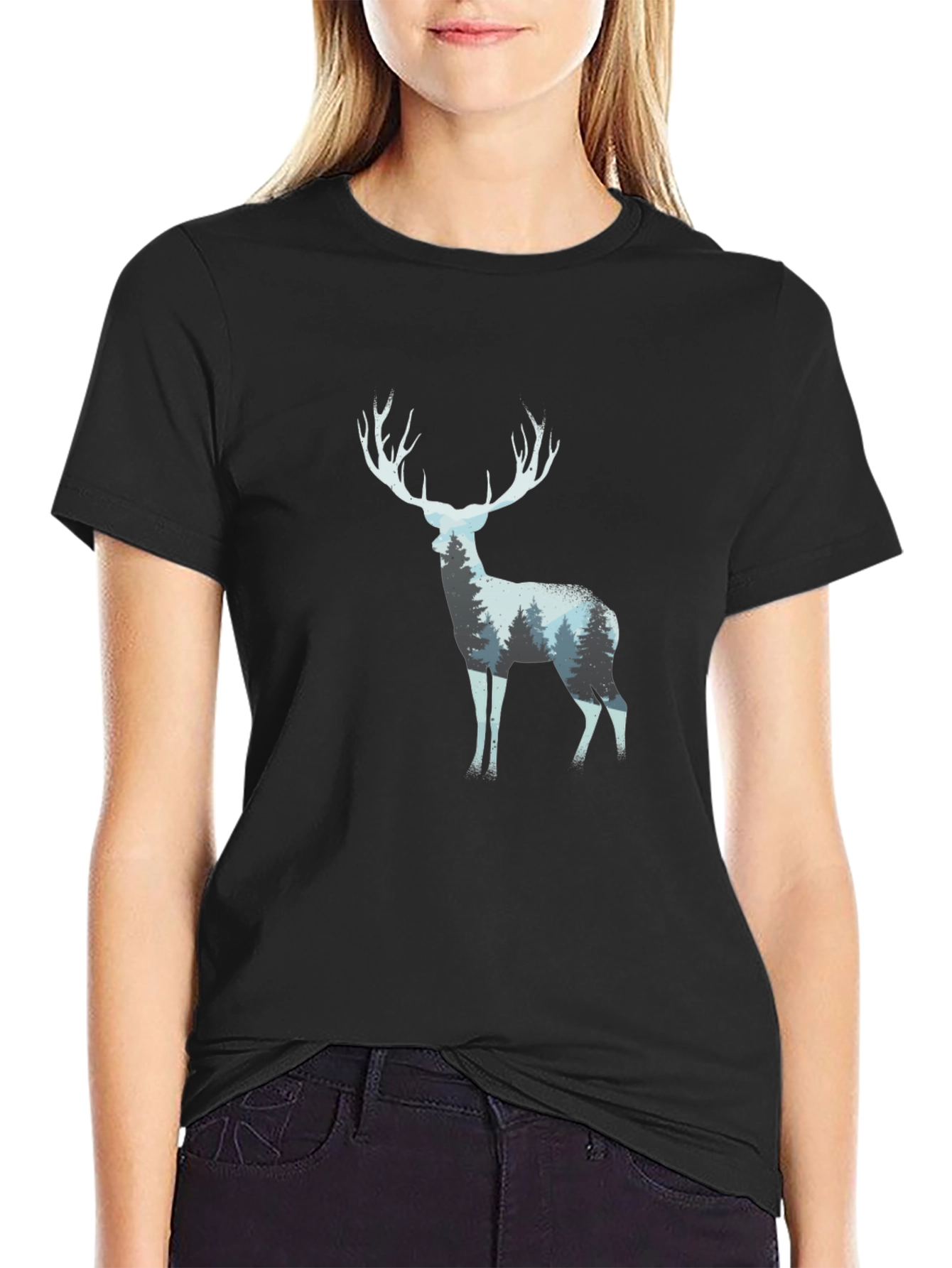 Deer Forest Print Black T-Shirt