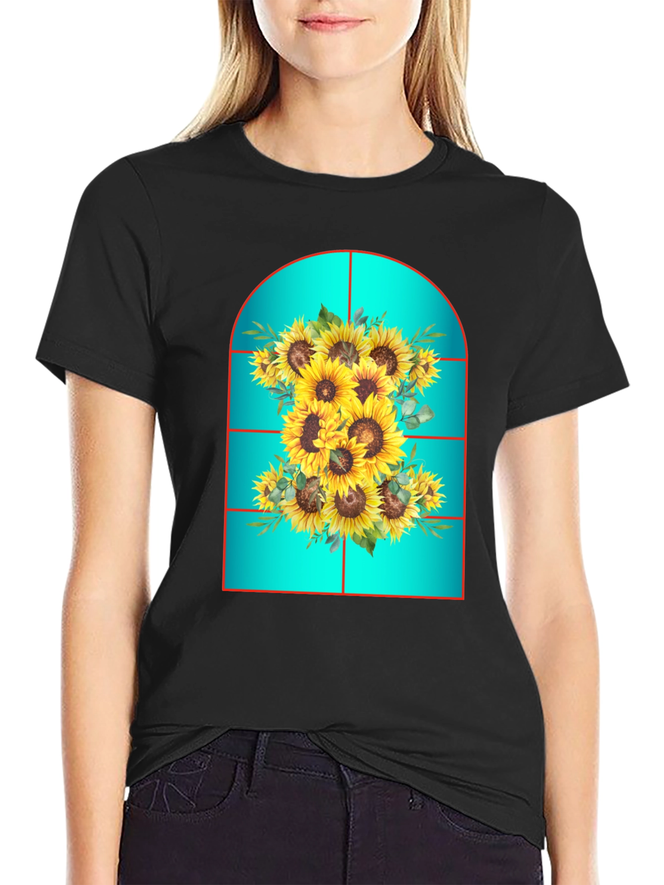 Sunflower Window T-Shirt - Unique Floral Design