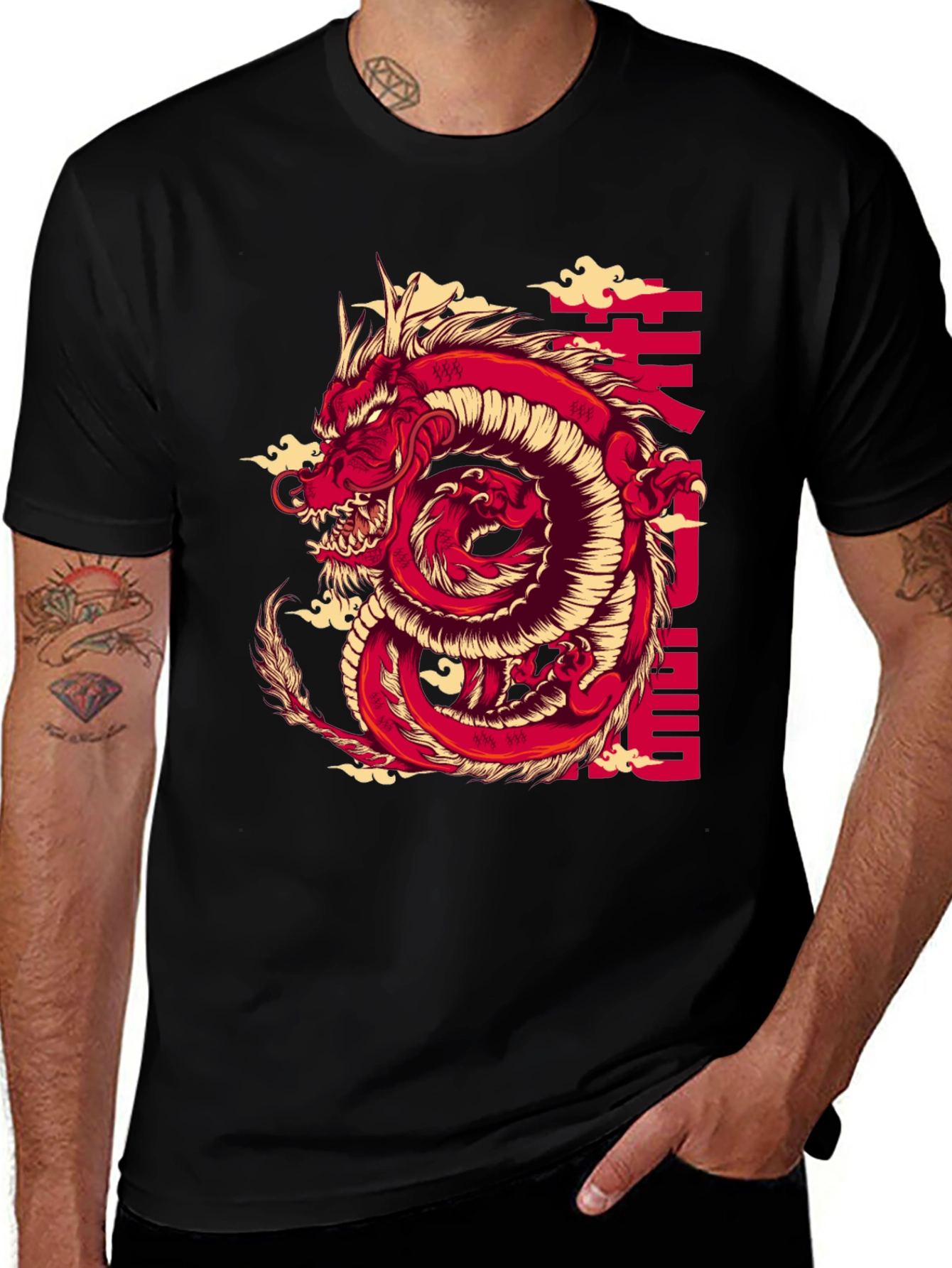Red Dragon Graphic Print Black T-Shirt