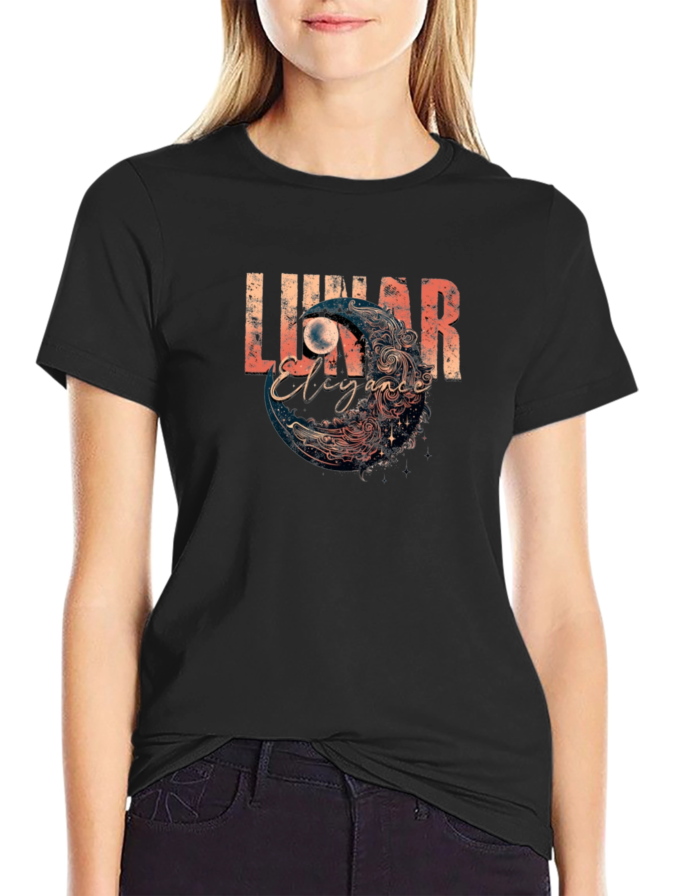 Lunar Elegance Graphic T-Shirt - Black