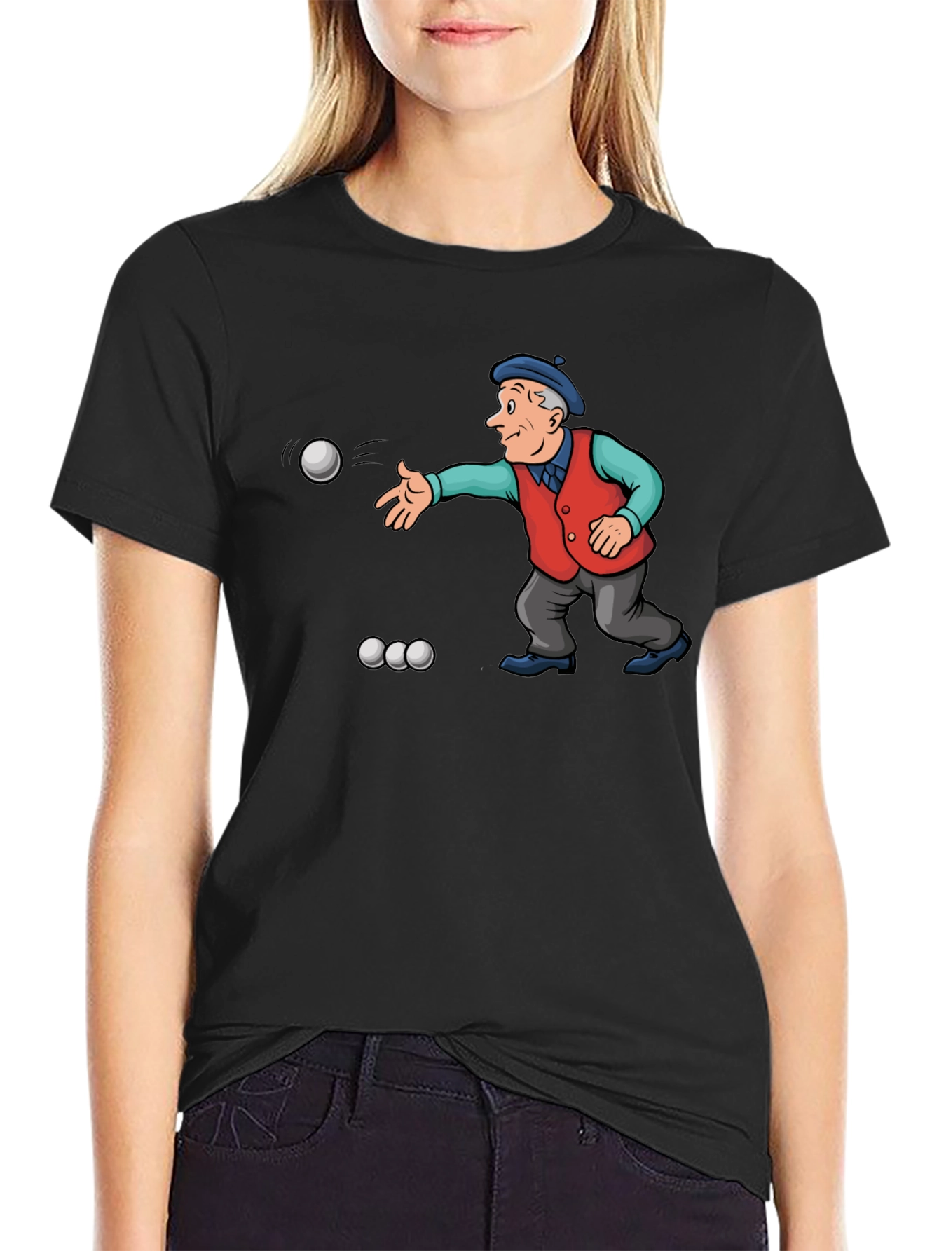 Cartoon Bocce Ball Player Black T-Shirt