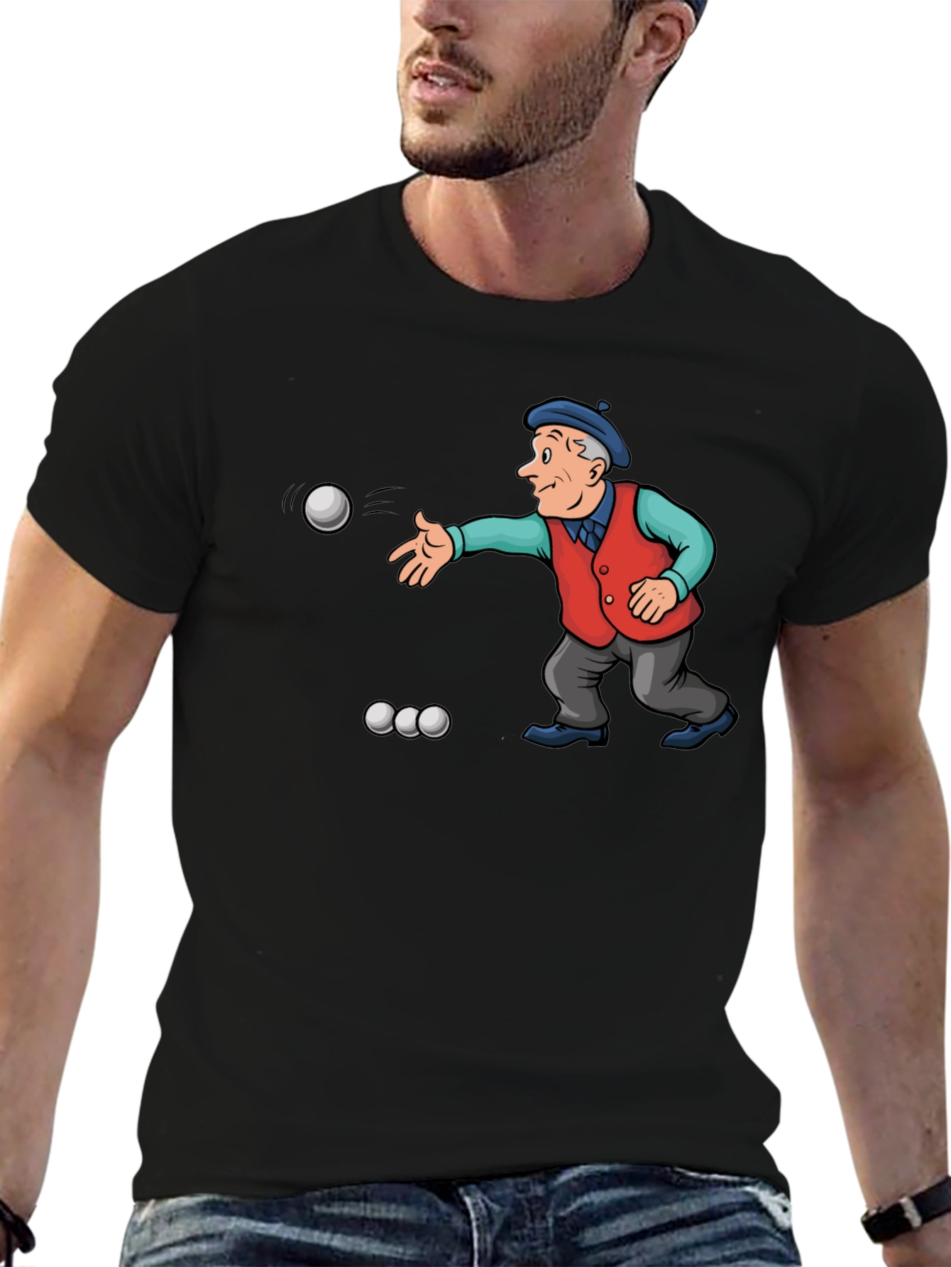 Cartoon Bocce Ball Player Black T-Shirt