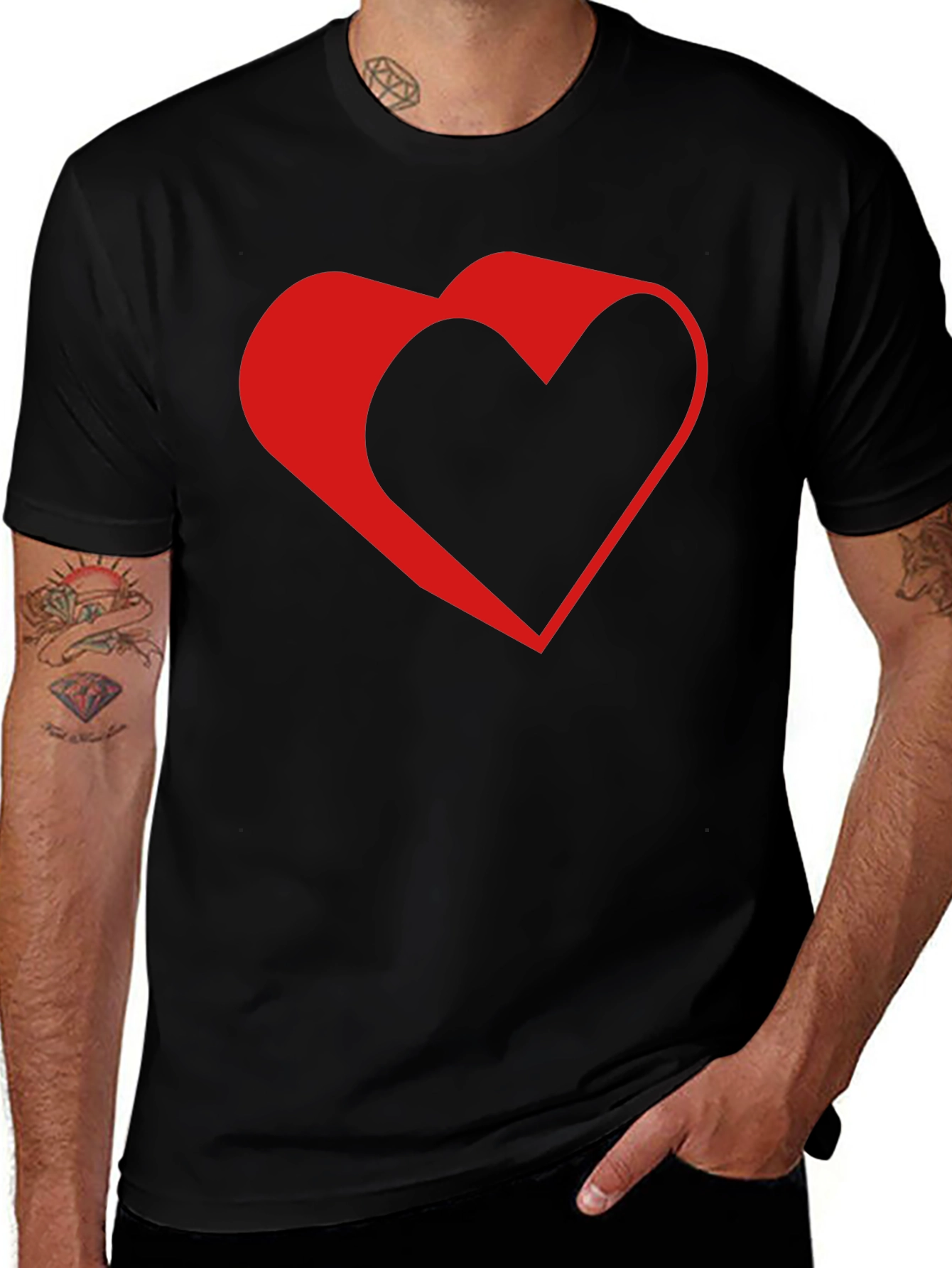 Modern Red Heart Graphic Black T-Shirt