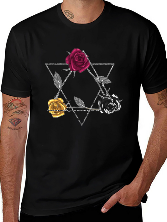 Floral Star of David Graphic Tee - Black Cotton T-Shirt