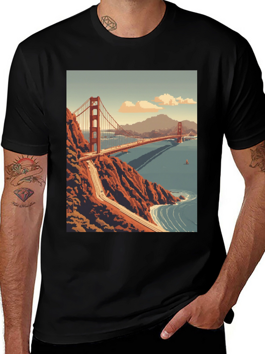 Golden Gate Bridge Pixel Art Black T-Shirt