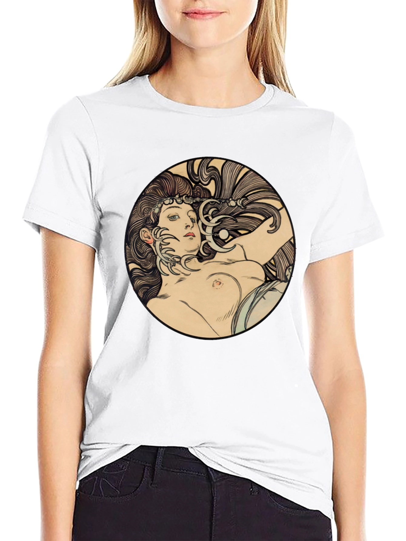 Art Nouveau Woman Graphic Black T-Shirt