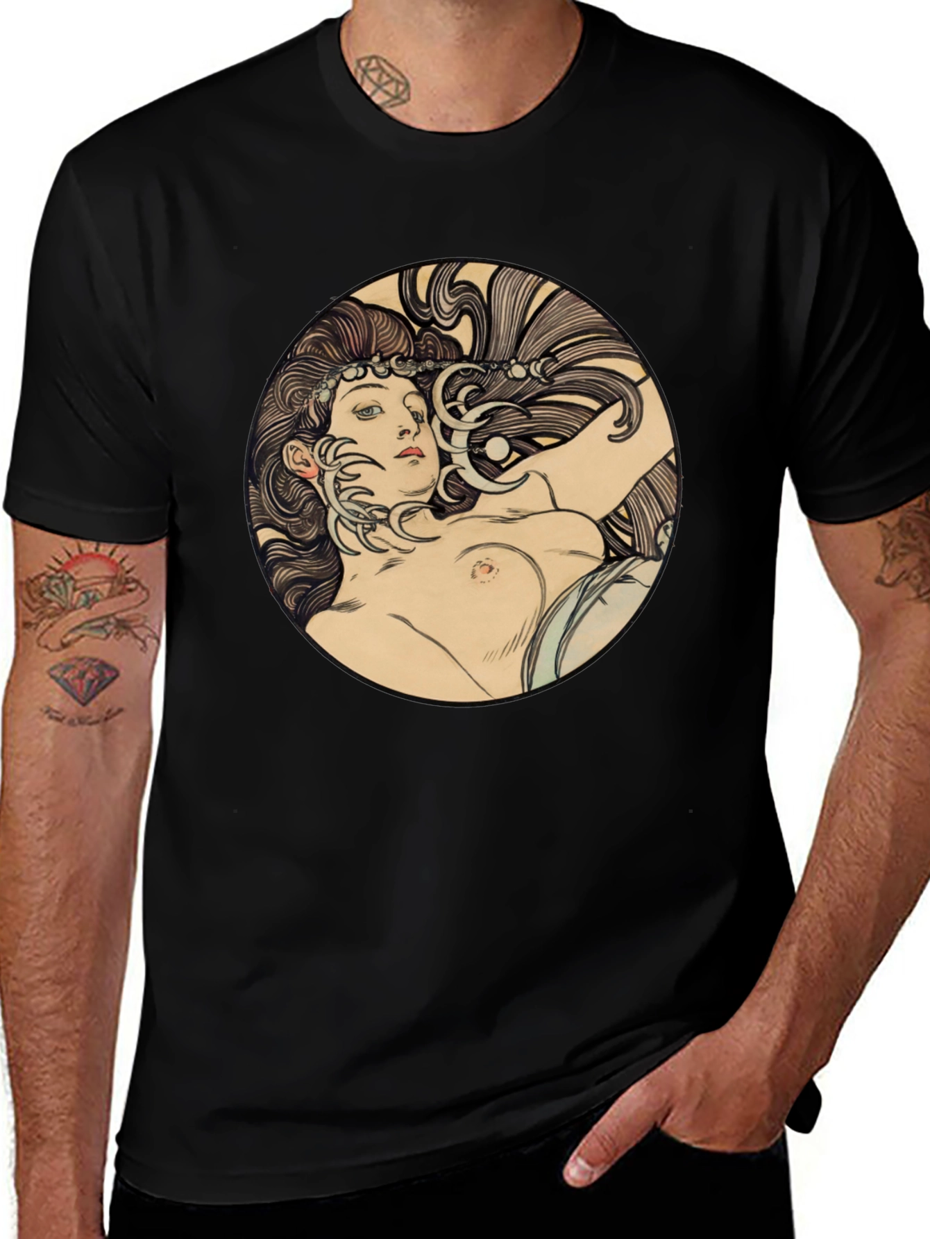 Art Nouveau Woman Graphic Black T-Shirt