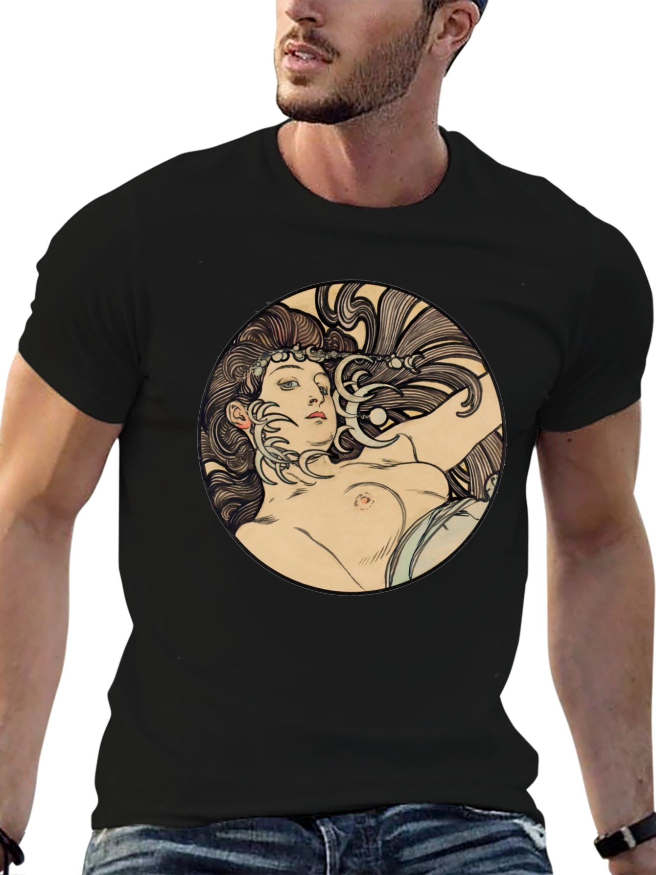 Art Nouveau Woman Graphic Black T-Shirt
