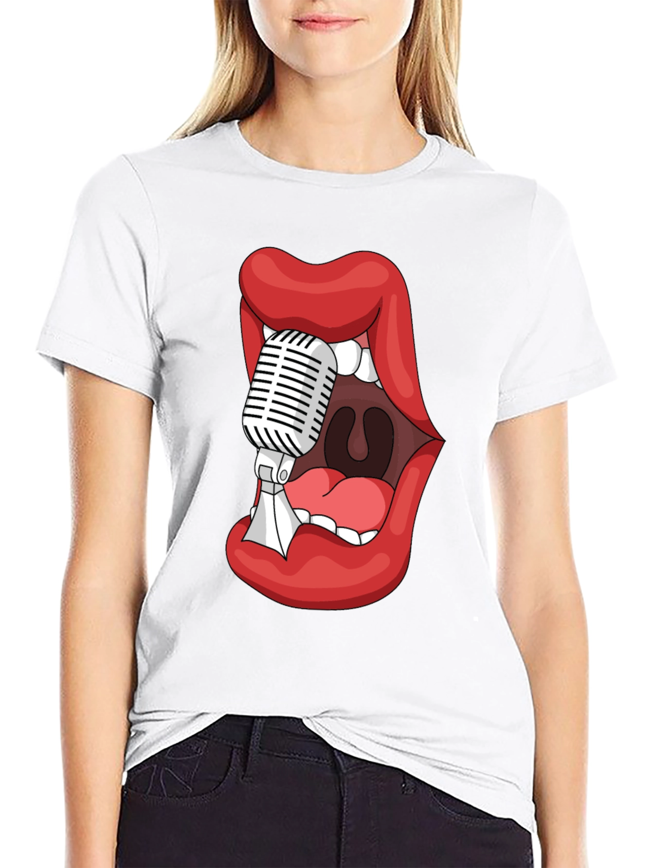 Graphic Tee - Lips Microphone Black Cotton Blend
