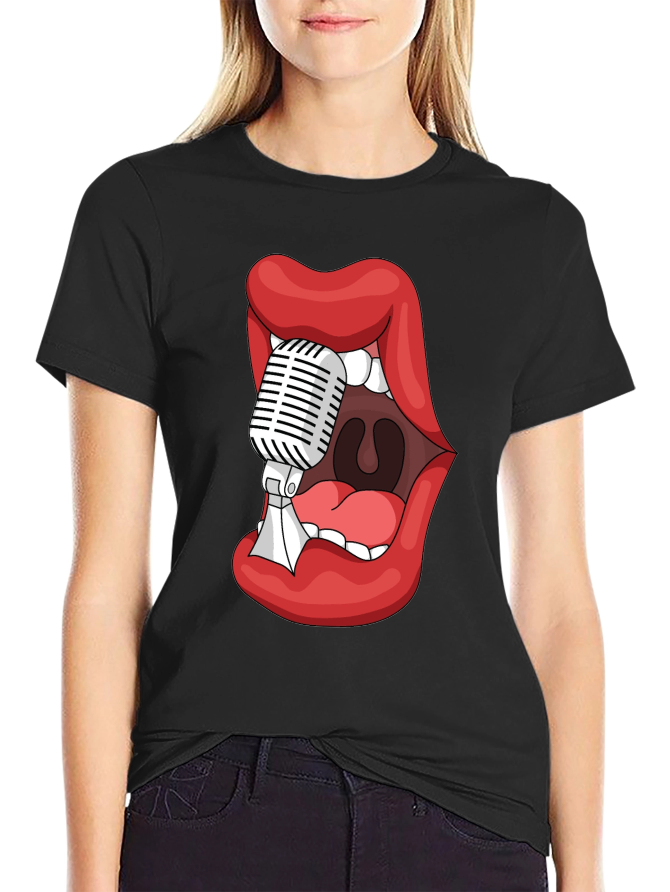 Graphic Tee - Lips Microphone Black Cotton Blend