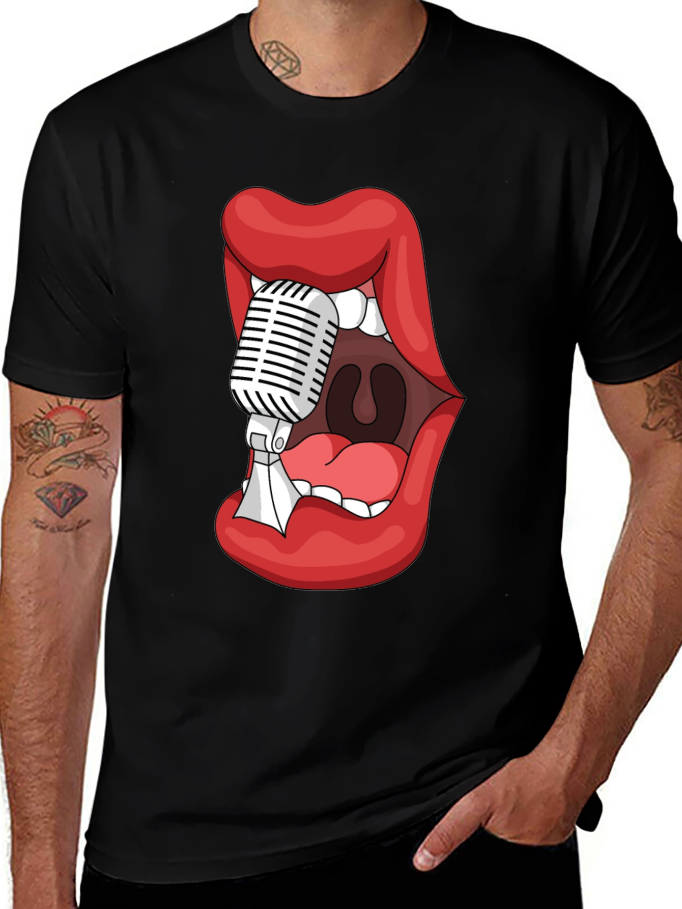 Graphic Tee - Lips Microphone Black Cotton Blend