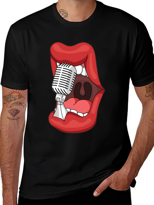 Graphic Tee - Lips Microphone Black Cotton Blend