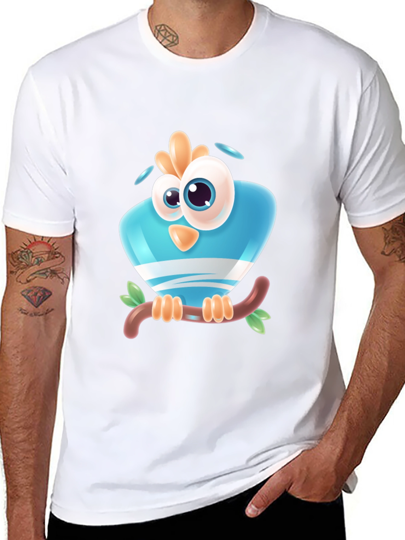 Cartoon Bird on Branch Black T-Shirt