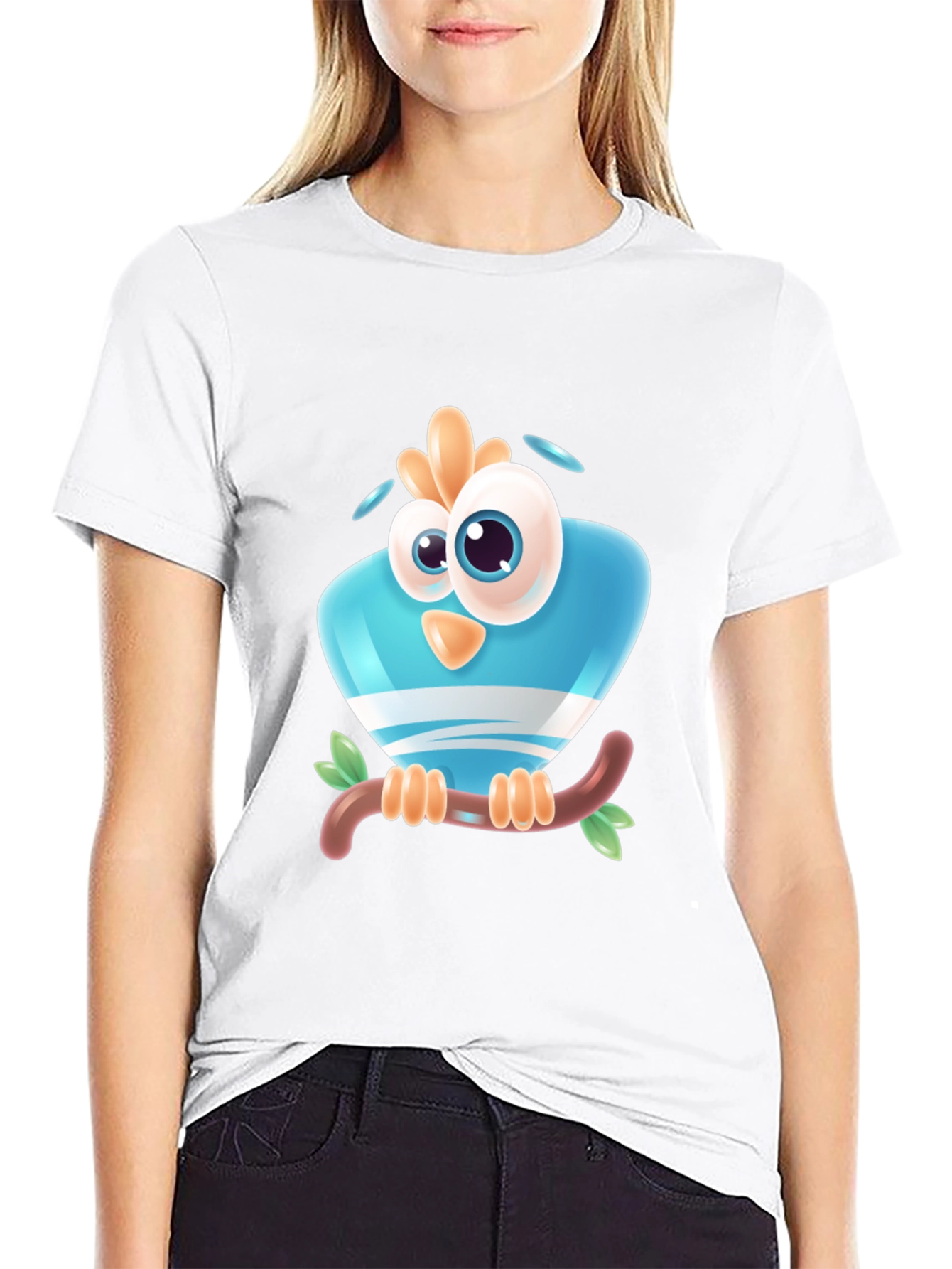 Cartoon Bird on Branch Black T-Shirt