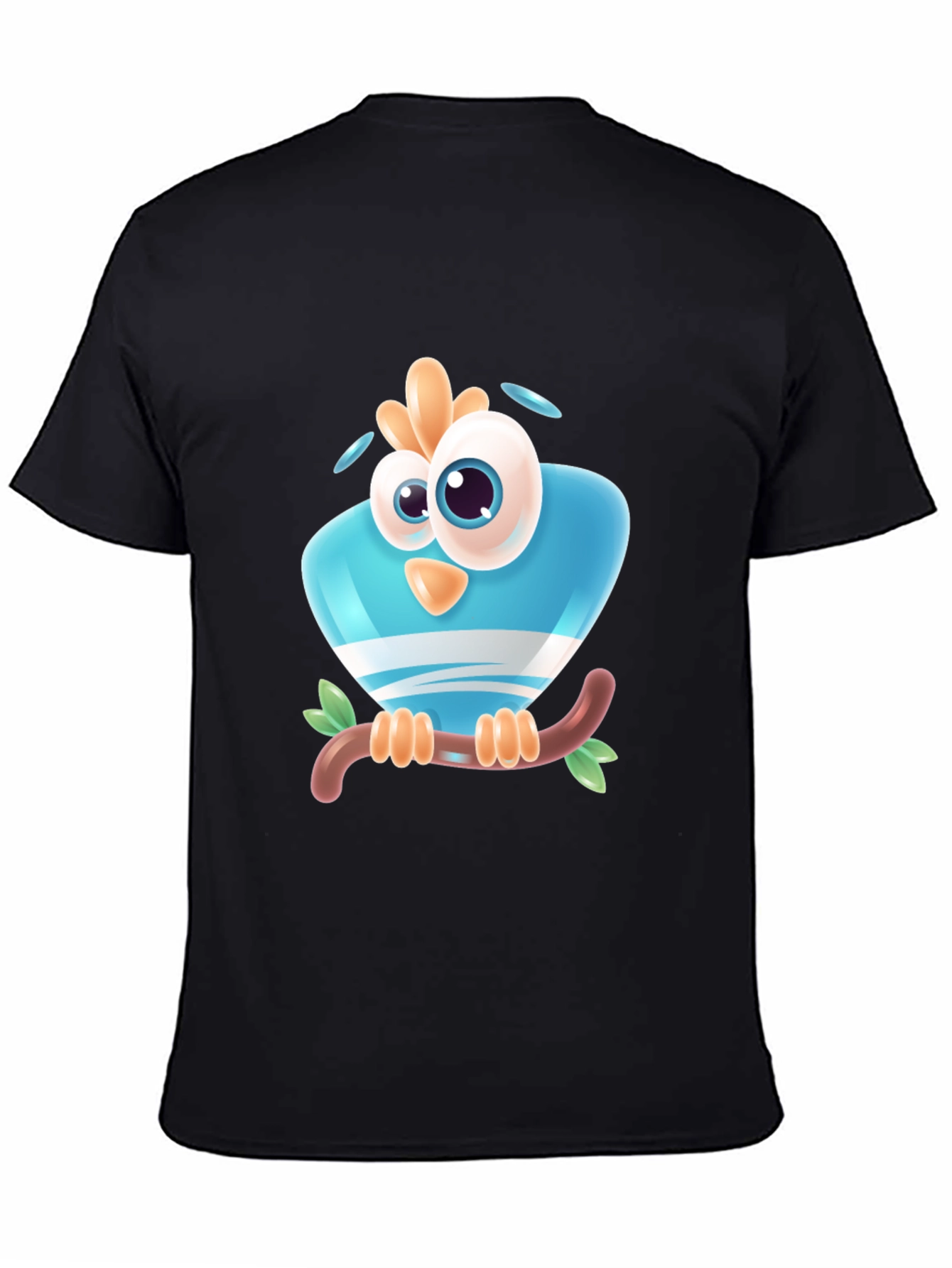 Cartoon Bird on Branch Black T-Shirt