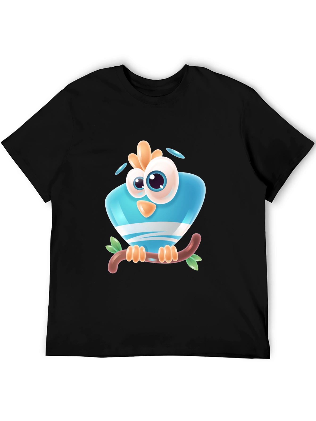 Cartoon Bird on Branch Black T-Shirt