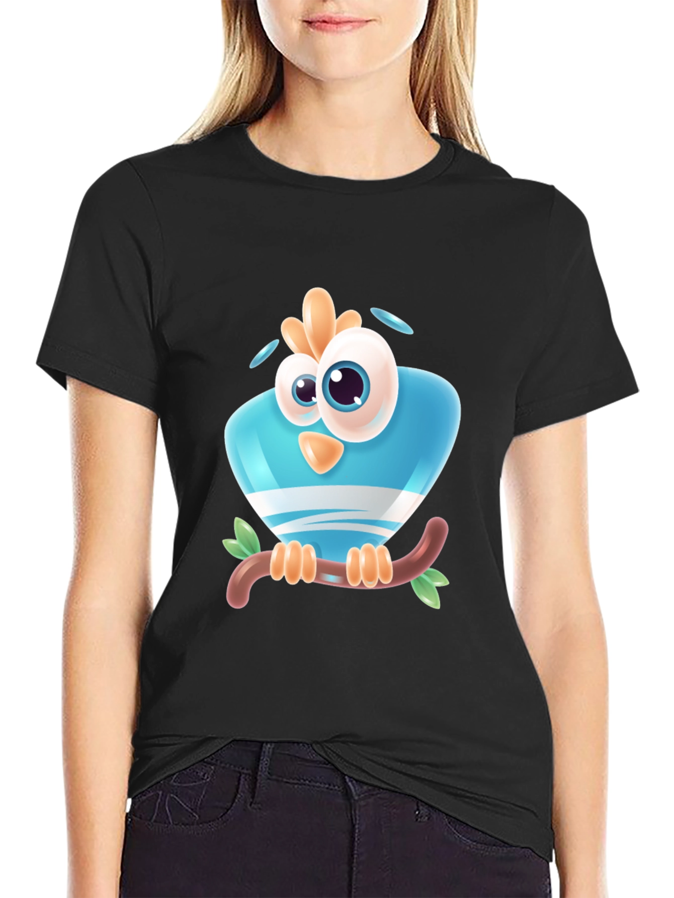 Cartoon Bird on Branch Black T-Shirt