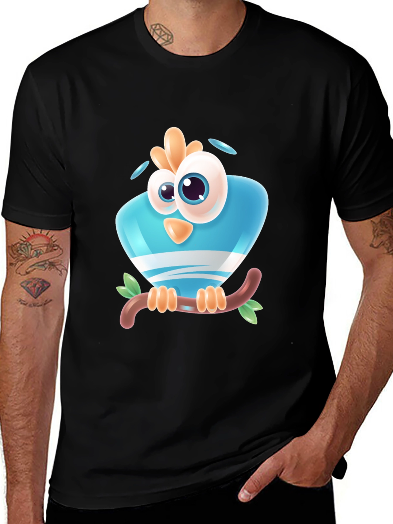 Cartoon Bird on Branch Black T-Shirt