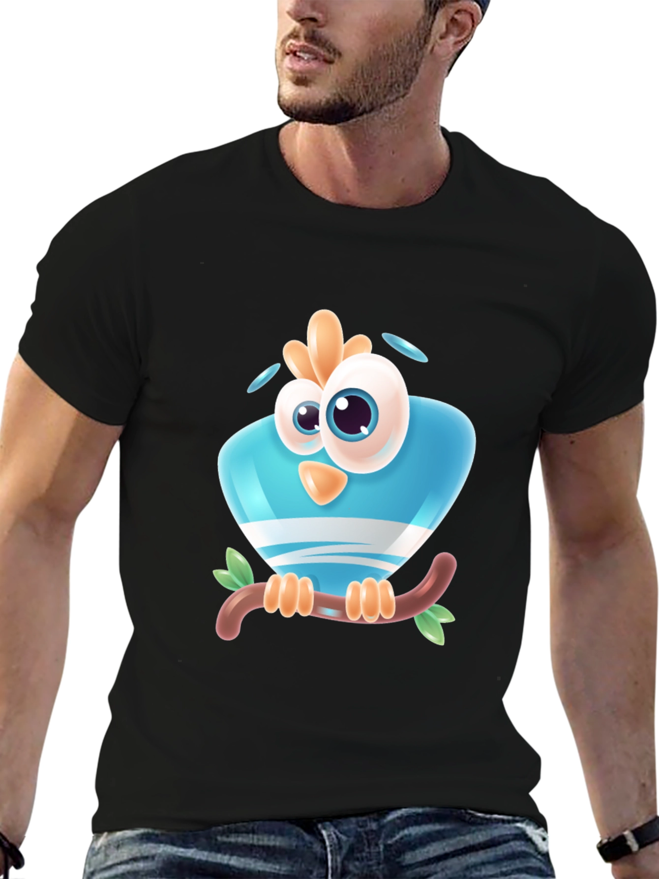 Cartoon Bird on Branch Black T-Shirt