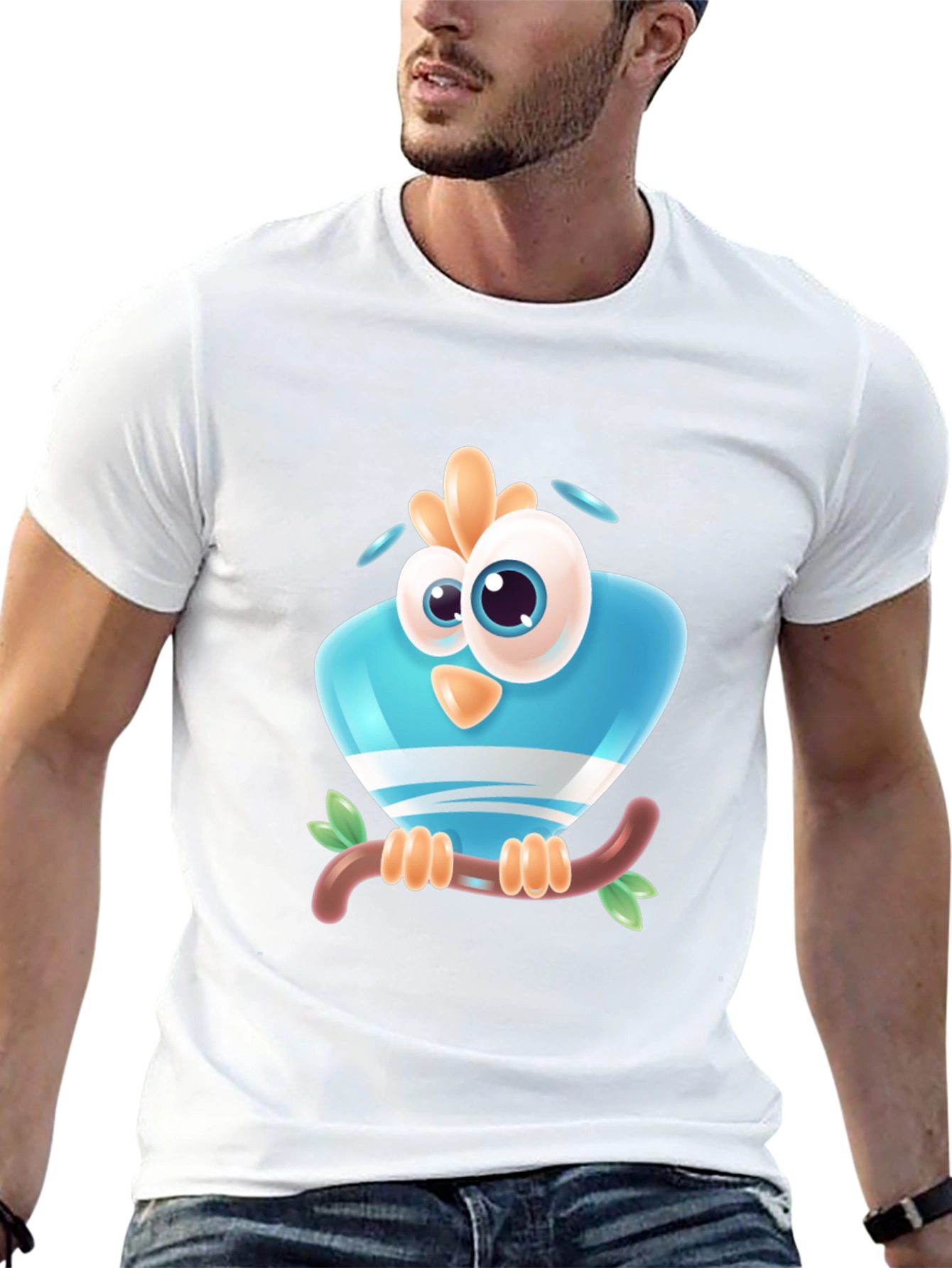 Cartoon Bird on Branch Black T-Shirt