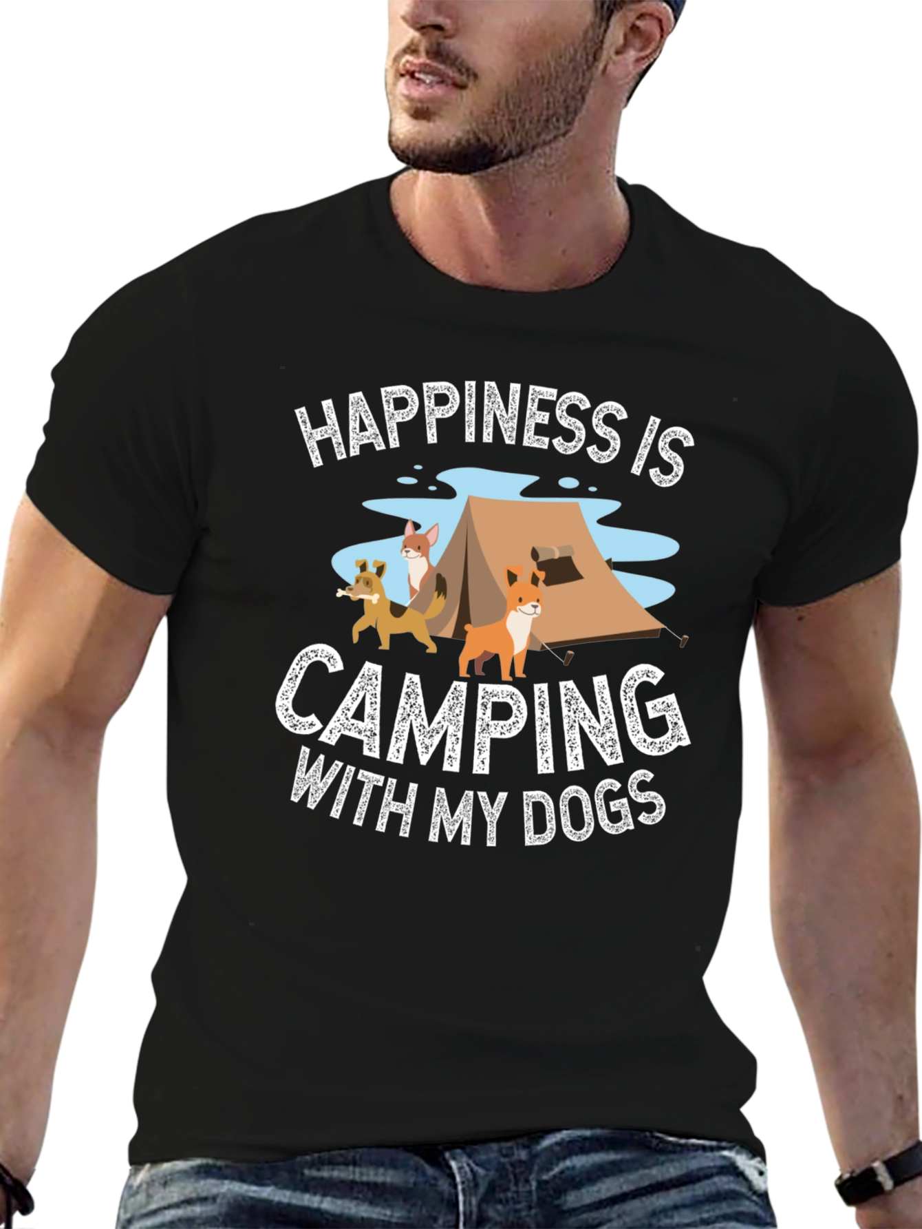 Happiness Camping with My Dogs Black T-Shirt