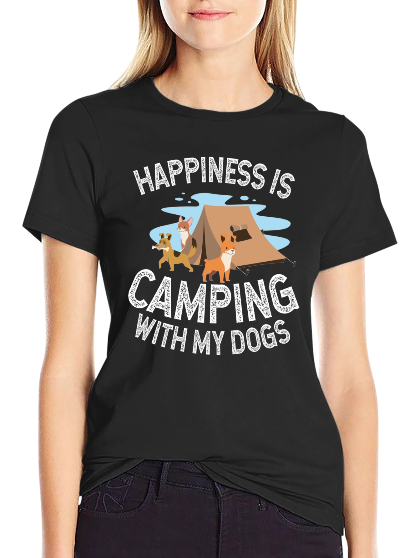 Happiness Camping with My Dogs Black T-Shirt