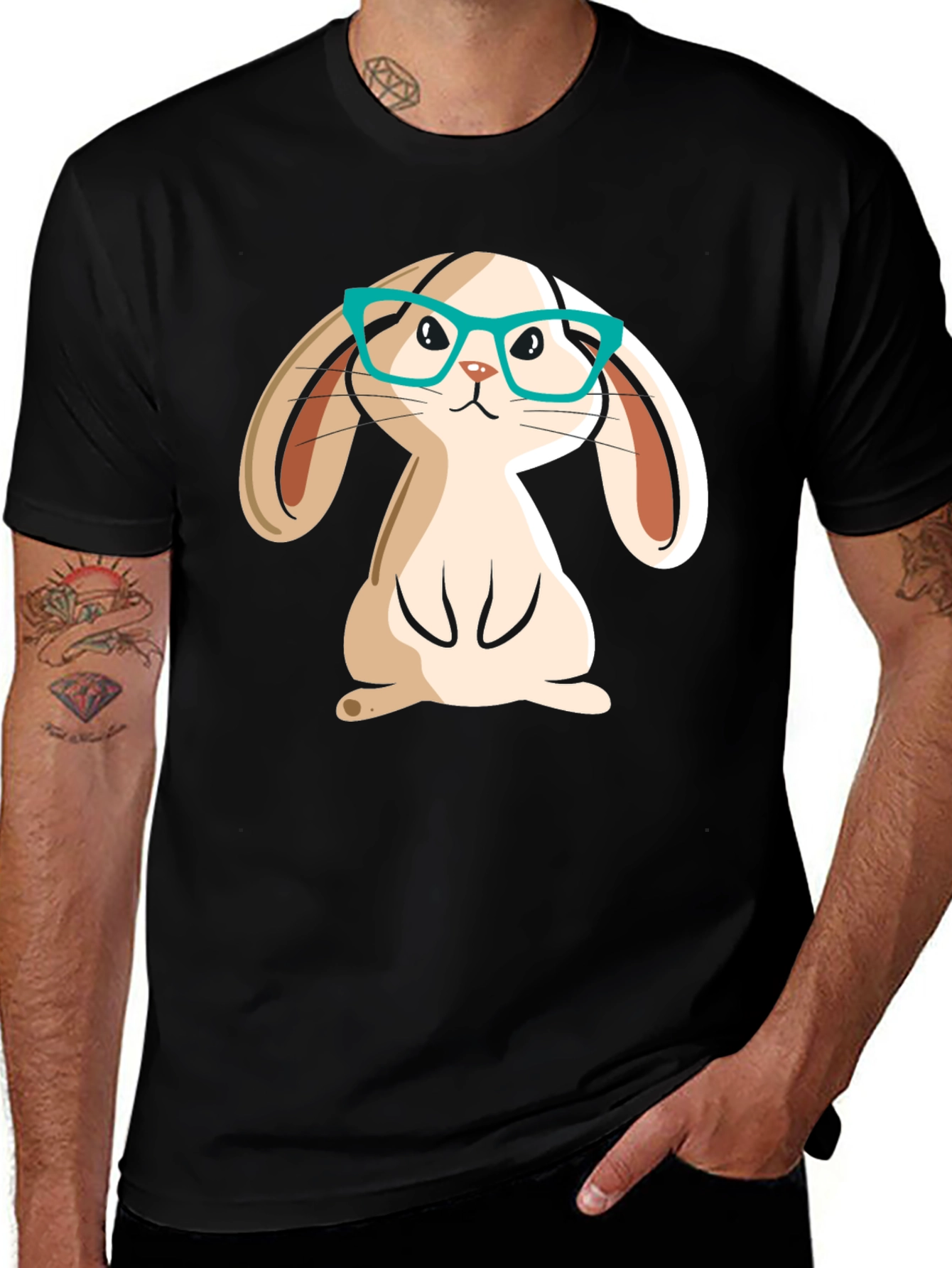 Cute Bunny in Glasses Black Graphic T-Shirt