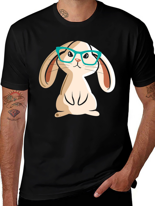 Cute Bunny in Glasses Black Graphic T-Shirt