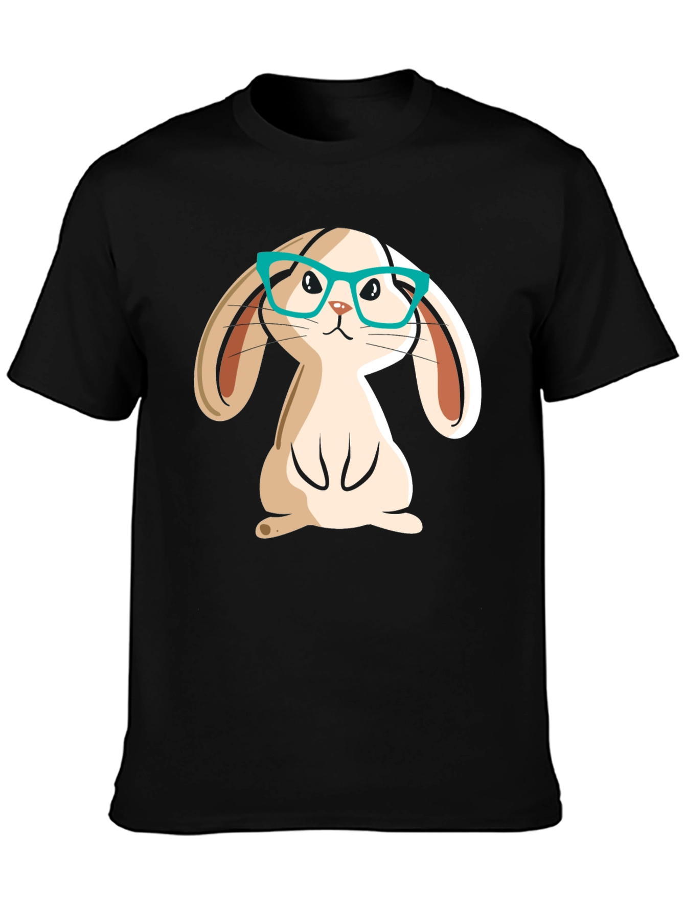 Cute Bunny in Glasses Black Graphic T-Shirt